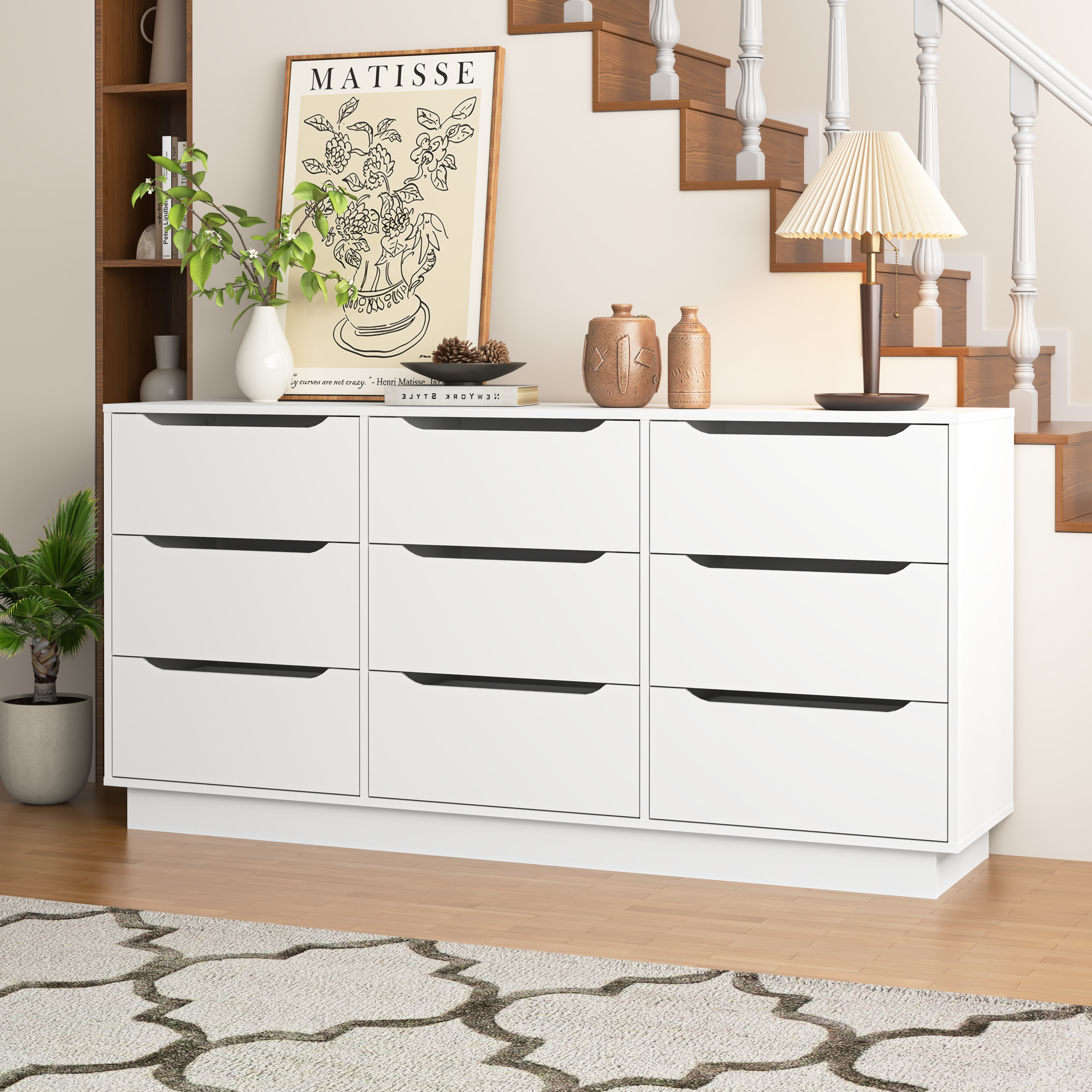 White wood long chest of drawers, angled view