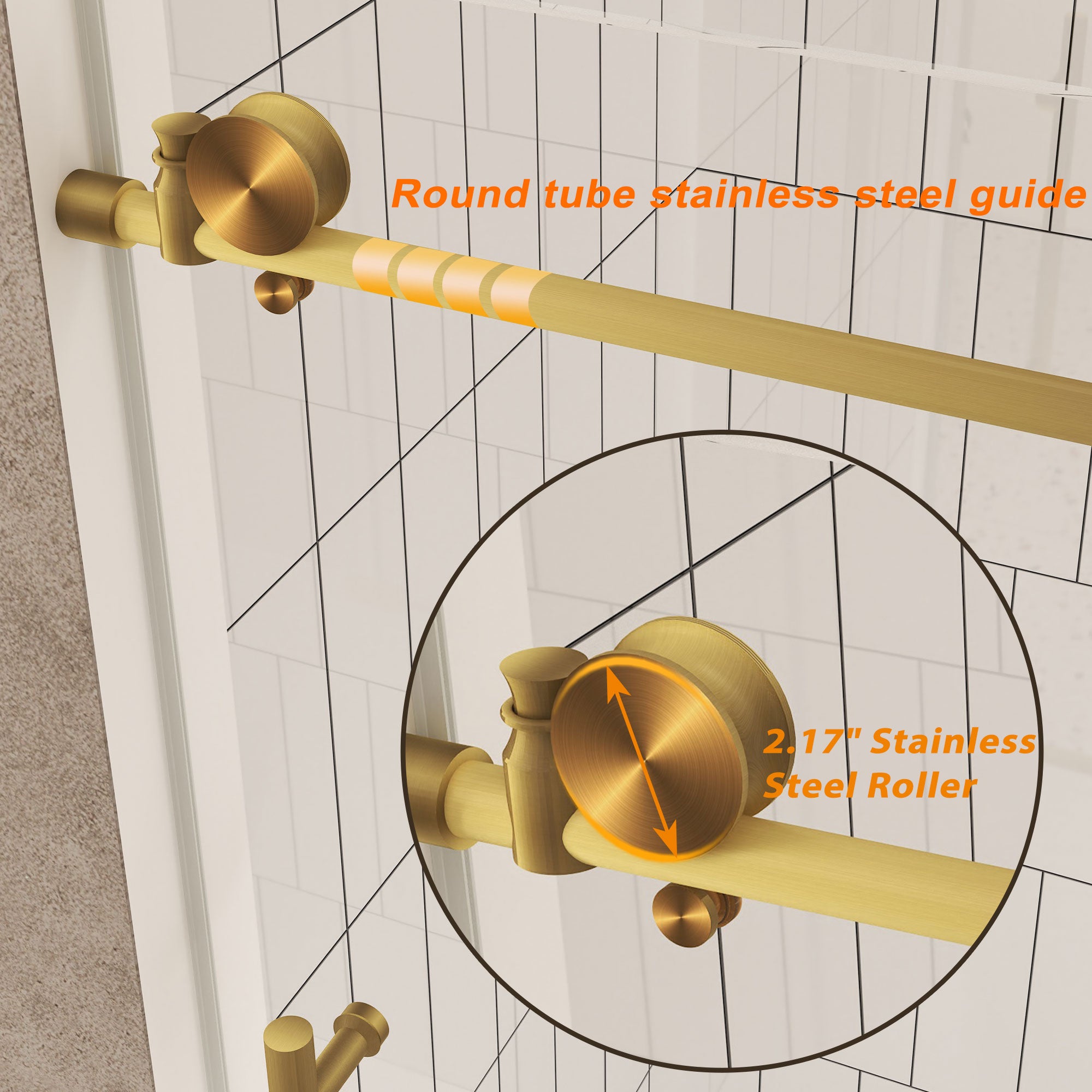 Frameless shower door 44-48 inch brushed gold glass detail
