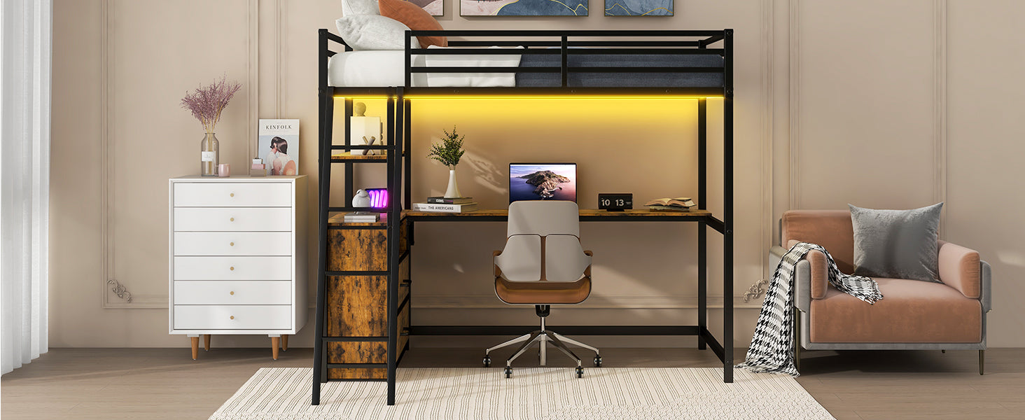 Twin Size Metal&Wood Loft Bed with Desk and Shelves, Two Built-in Drawers, LED Light and USB Charging Station, Black