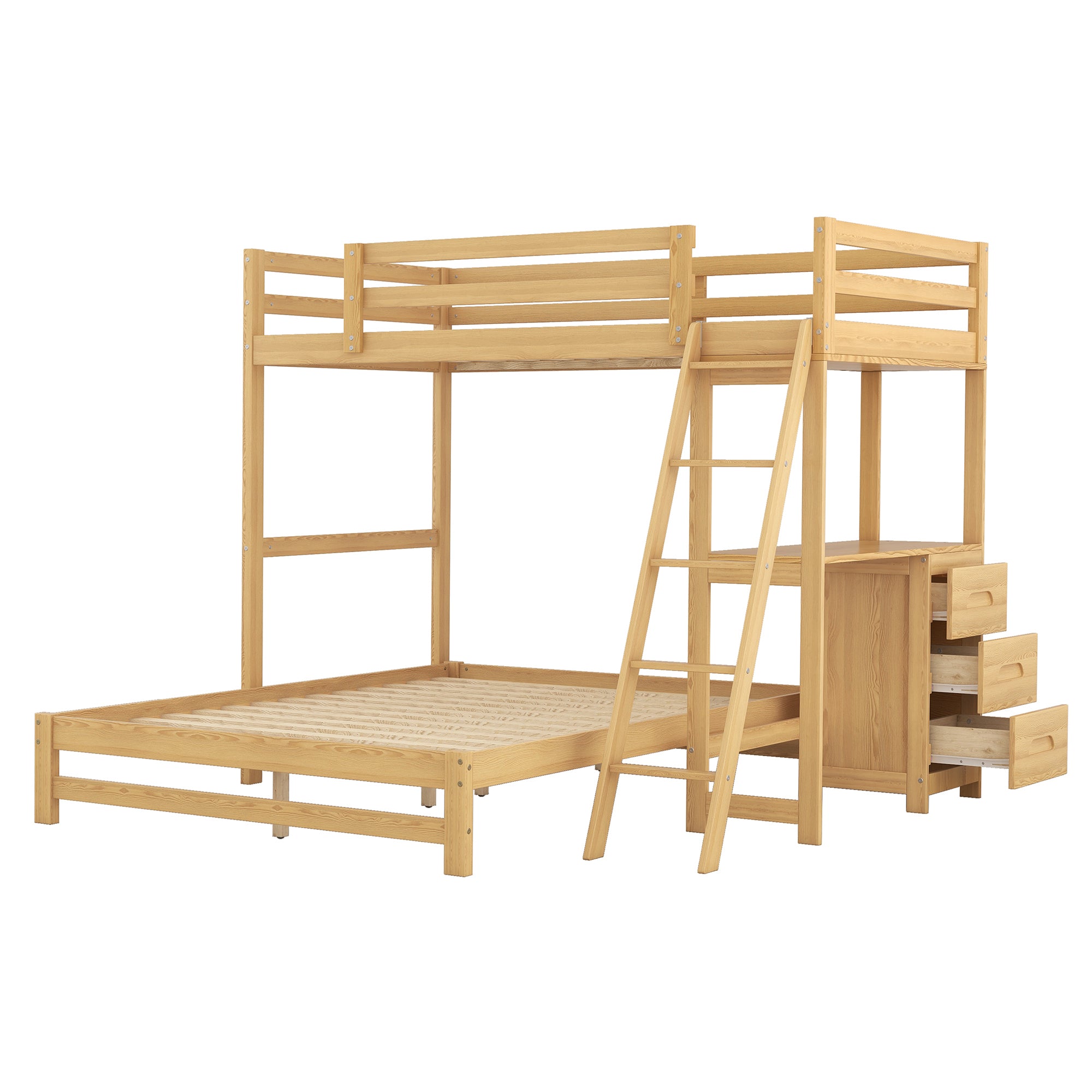 Twin over Full Bunk Bed with Built-in Desk and Three Drawers,Natural(old sku: SM000709AAD)