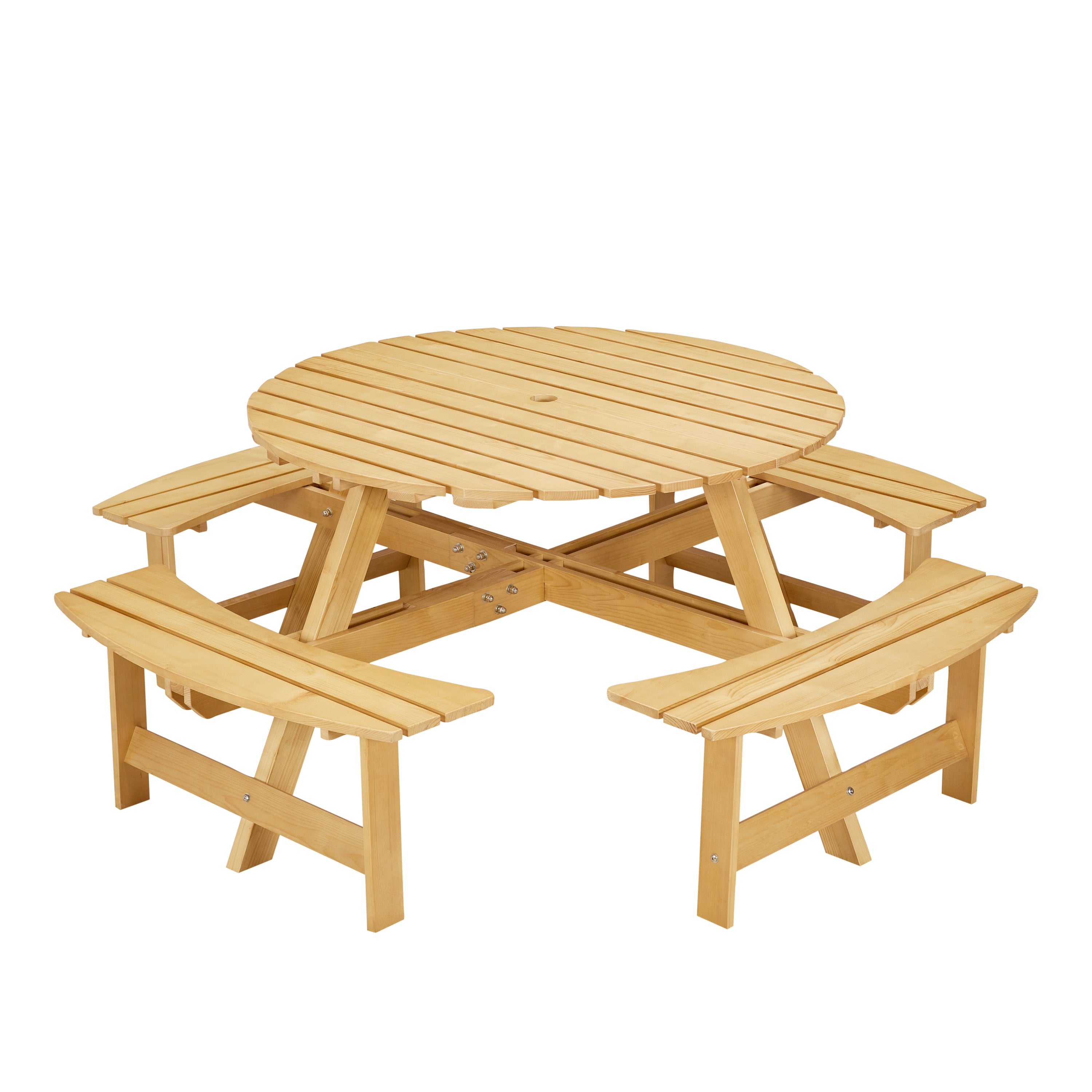 Outdoor 8 Person Picnic Table, 8 person Round Picnic Table with 4 Built-in Benches, Umbrella Hole, Outside Table and Bench Set for Garden, Backyard, Porch, Patio,  Natural