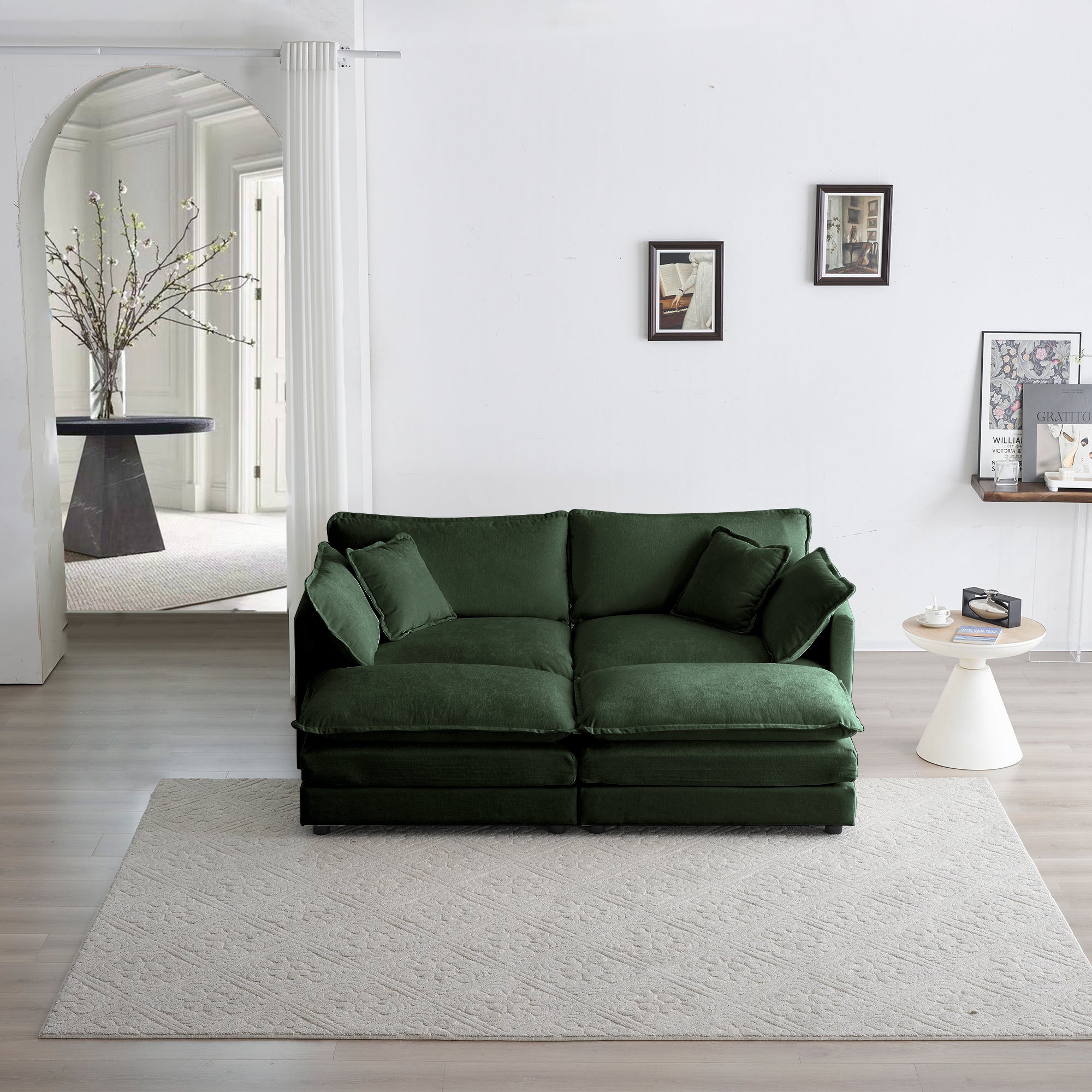 4 - Piece Upholstered Sectional Sofa, 1 - Piece of 2 Seater Sofa and 2- Piece of Ottomans , 2 Seater Loveseat Lounge with Ottomans , Green Chenille