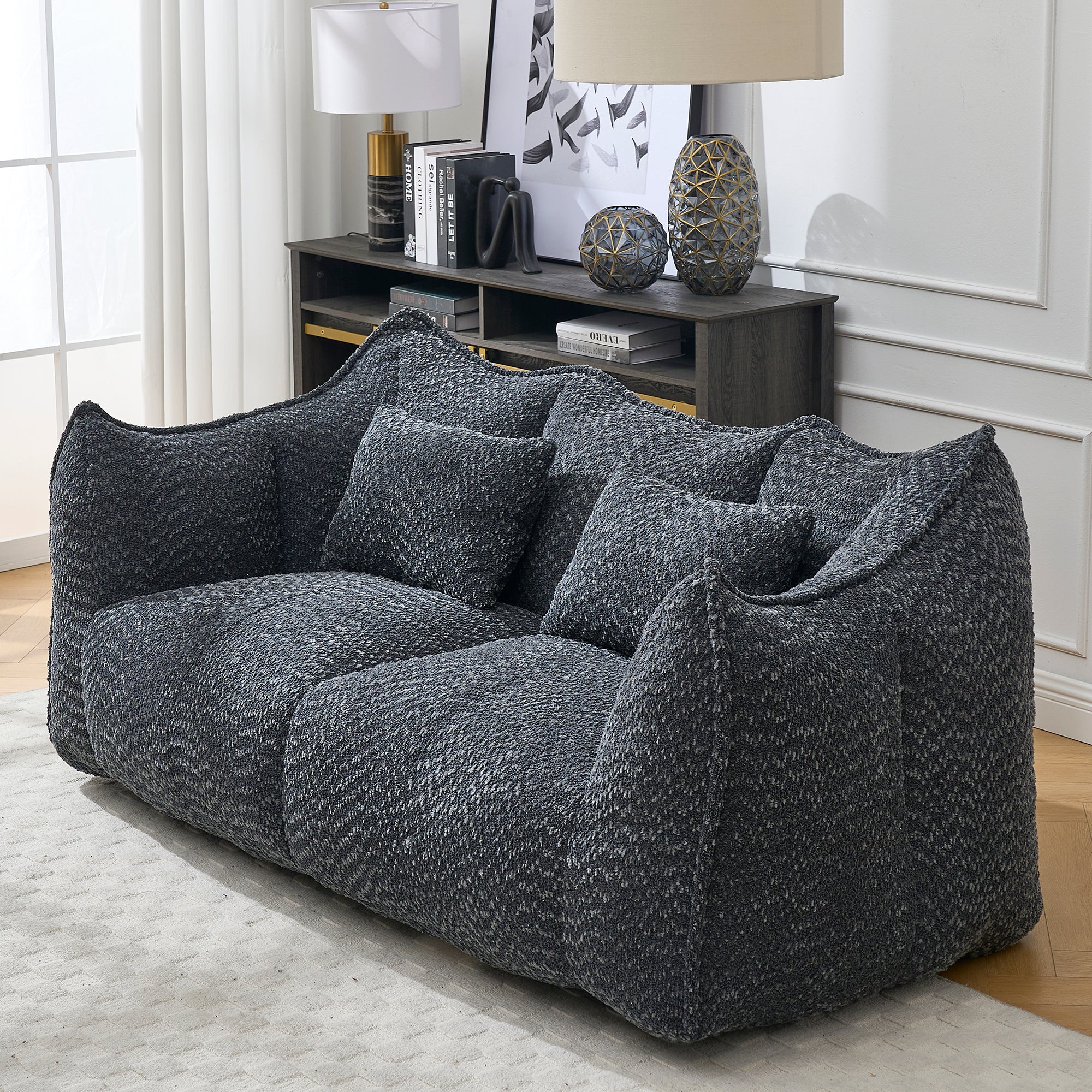 Square foam-filled bean bag two-person recliner sofa, full view