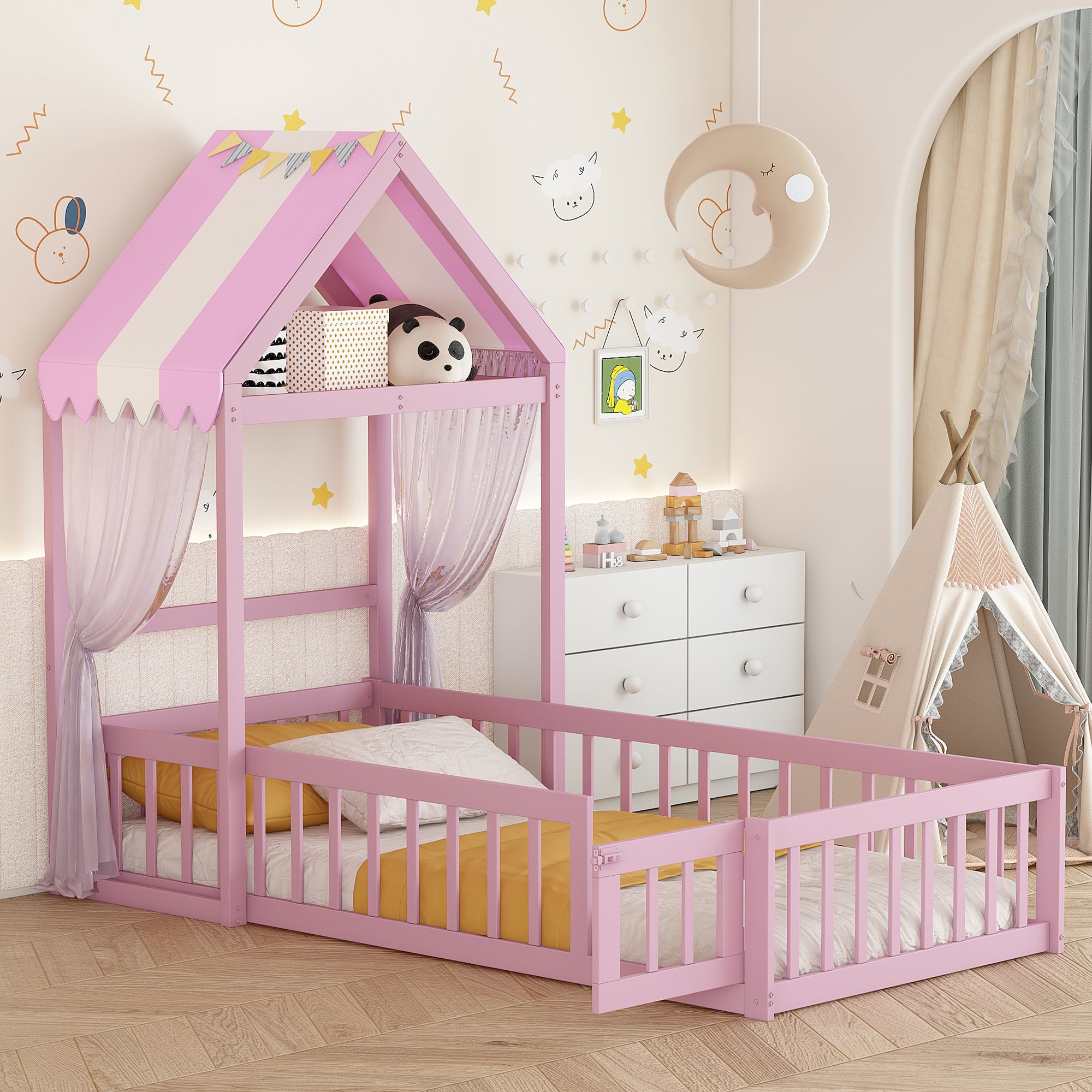 Wooden Floor Bed with Fence Railings and Detachable House Shape Headboard, Twin Size Bed with Kids Dress Up Rack, Kids Montessori Style Playhouse Frame for Girls Boys, Pink