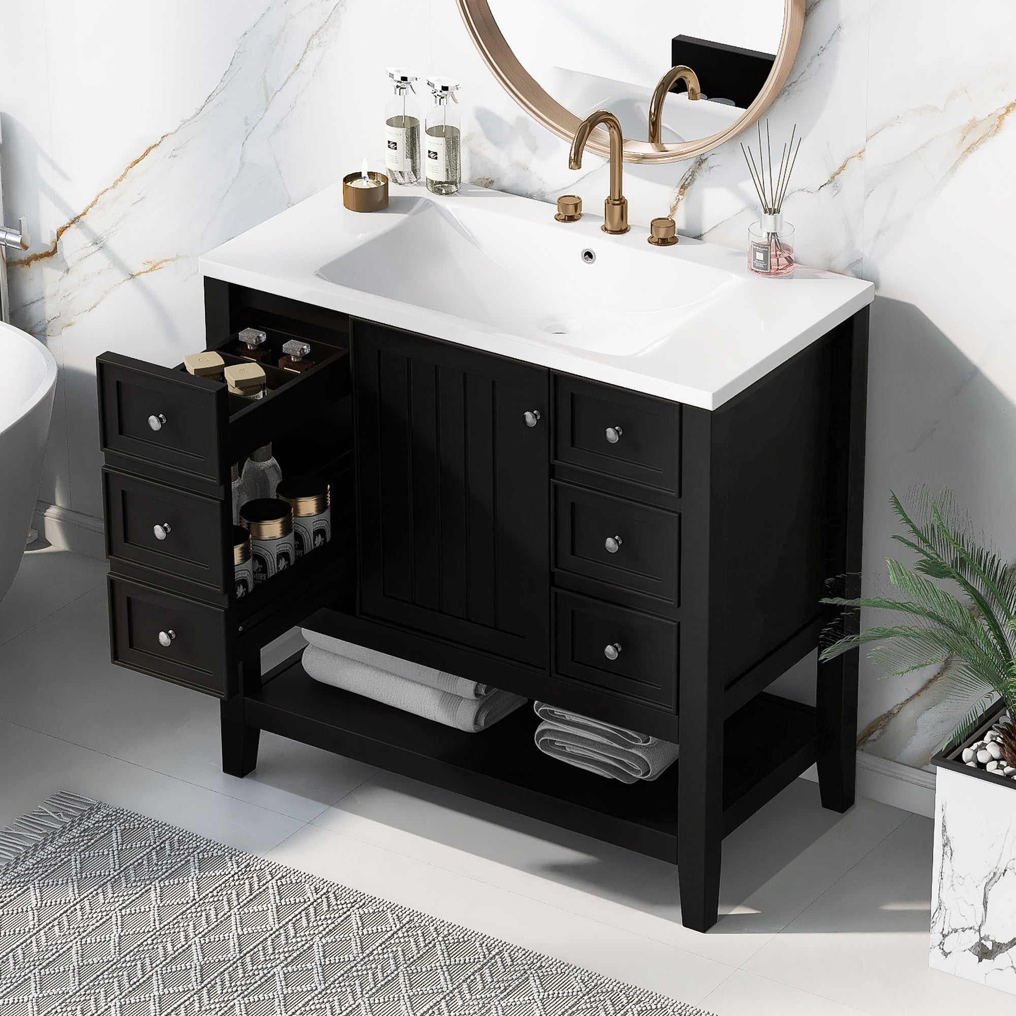 36" Bathroom Vanity with Sink Combo, One Cabinet and Three Drawers, Solid Wood and MDF Board, Black (Old Sku:SY999505AAB)