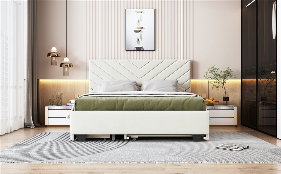 Queen Size Upholstered Platform Bed with Twill Headboard, Pullout Bed and Two Drawers, Flannel, Beige