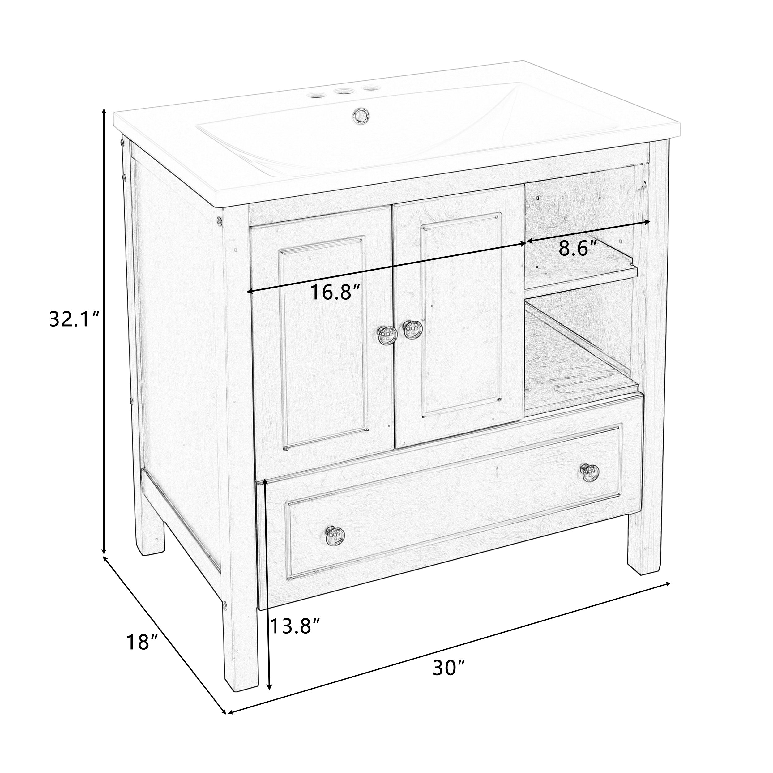 [VIDEO] 30" Bathroom Vanity with Sink, Bathroom Storage Cabinet with Doors and Drawers, Solid Wood Frame, Ceramic Sink, Brown (OLD SKU: JL000002AAD)