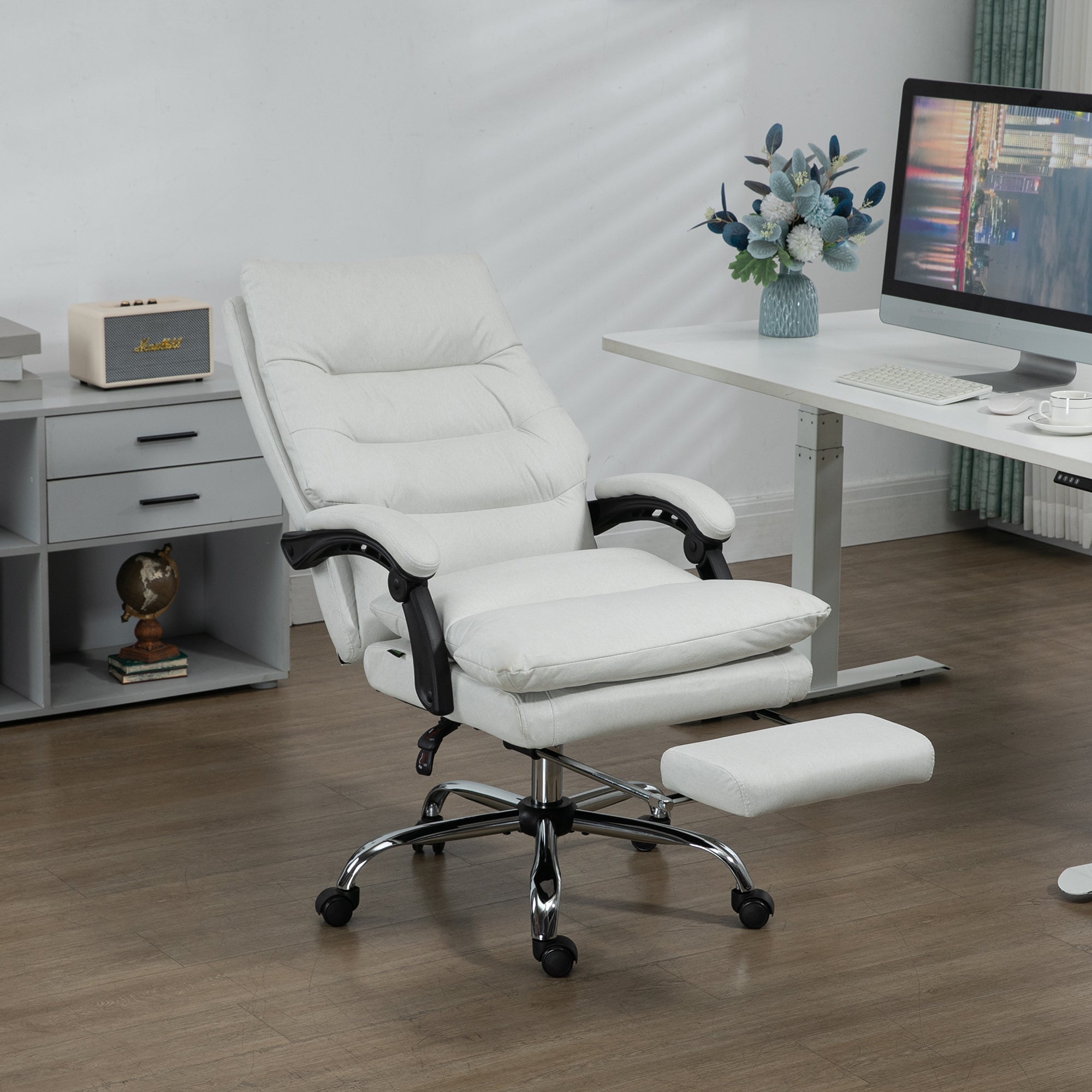 Vinsetto Microfibre Executive Massage Office Chair,  Computer Desk Chair, Heated Reclining Chair with Footrest, Double-tier Padding, Swivel Wheels, Cream White