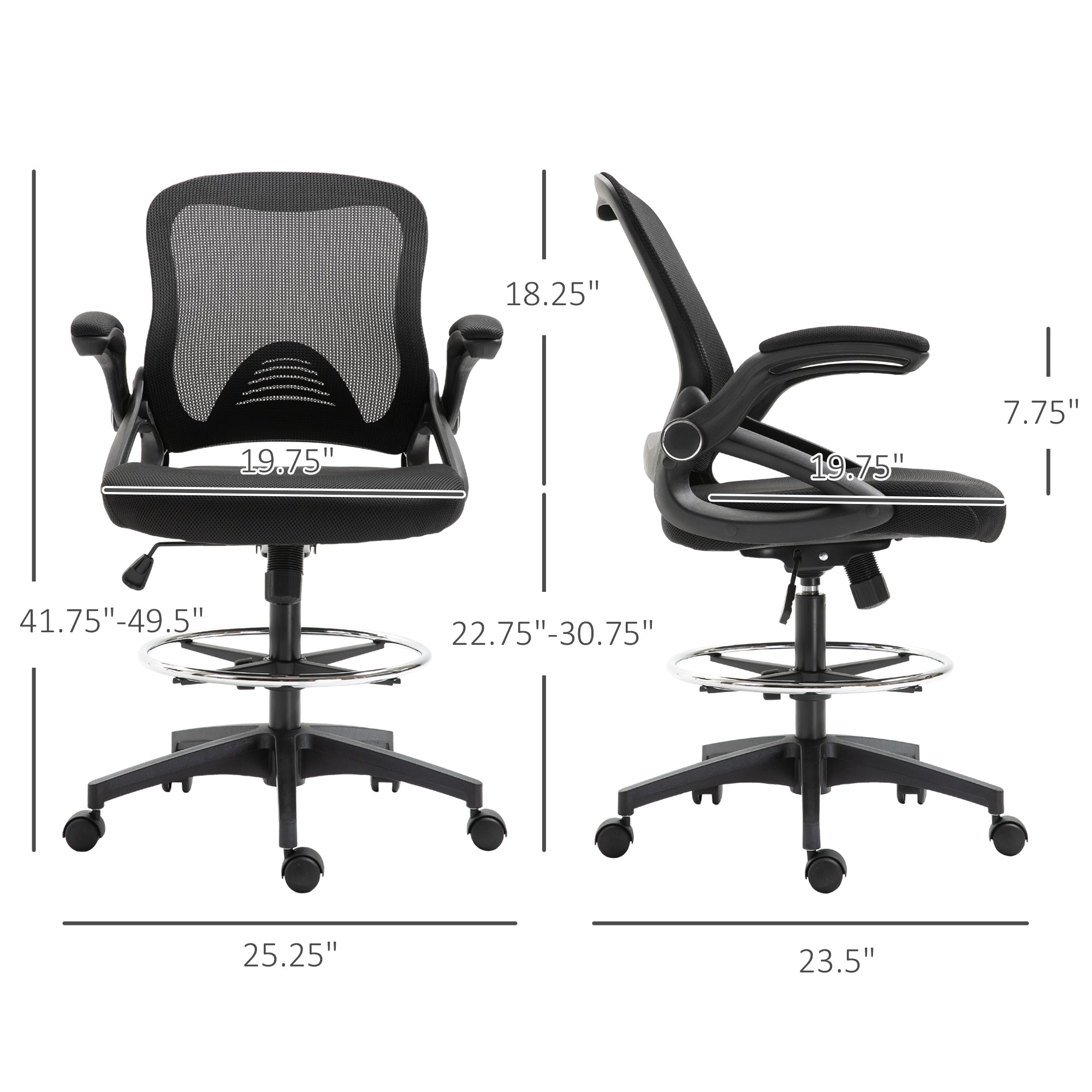 Mesh Drafting Chair, Tall Office Chair with Lumbar Support, Flip-Up Armrests, Footrest Ring and Adjustable Seat Height, Black