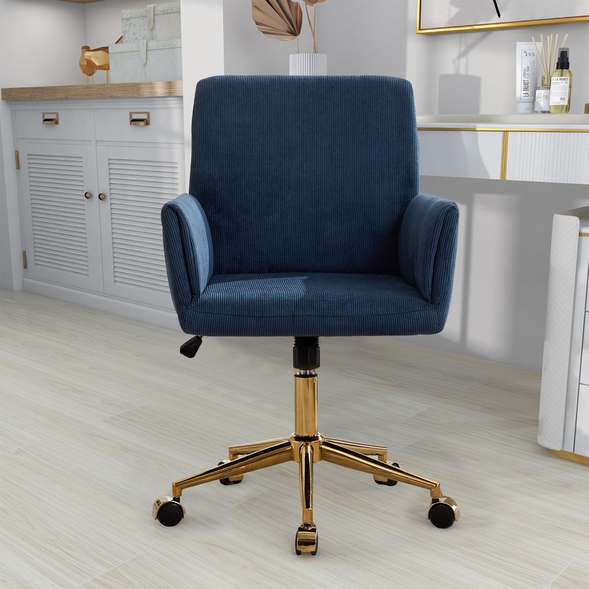 TS Corduroy home decor office desk and chair, modern height adjustable 360 ° armchair with gold base, ergonomic computer chair, leisure chair 1pc Blue