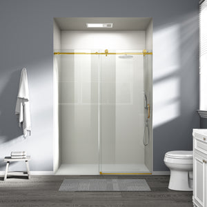 56-60 x 76 in frameless single sliding shower door brushed gold view