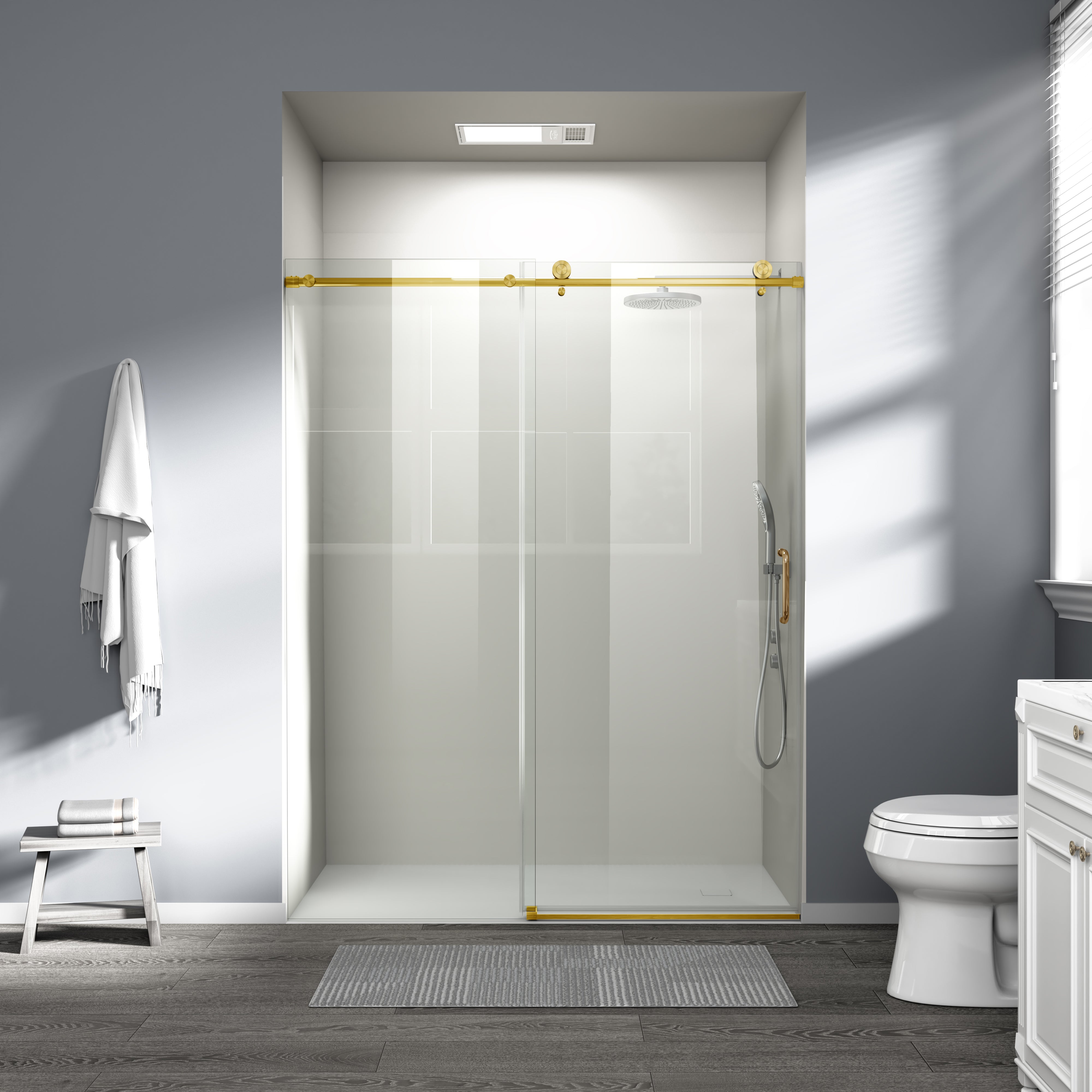 56-60 x 76 in frameless single sliding shower door brushed gold view