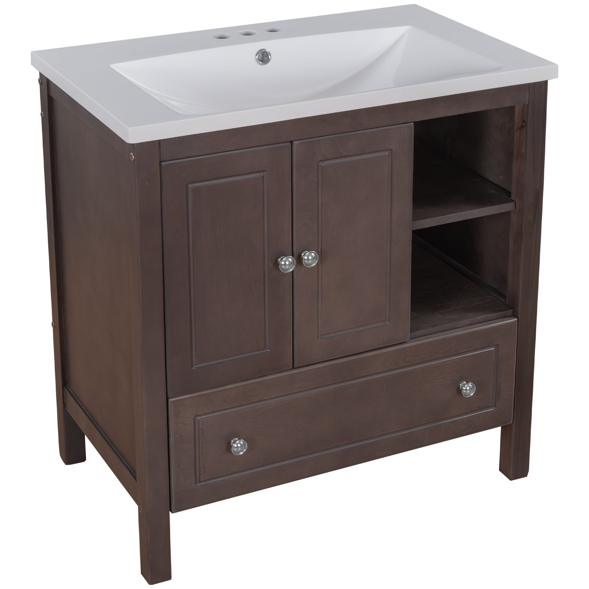 [VIDEO] 30" Bathroom Vanity with Sink, Bathroom Storage Cabinet with Doors and Drawers, Solid Wood Frame, Ceramic Sink, Brown (OLD SKU: JL000002AAD)