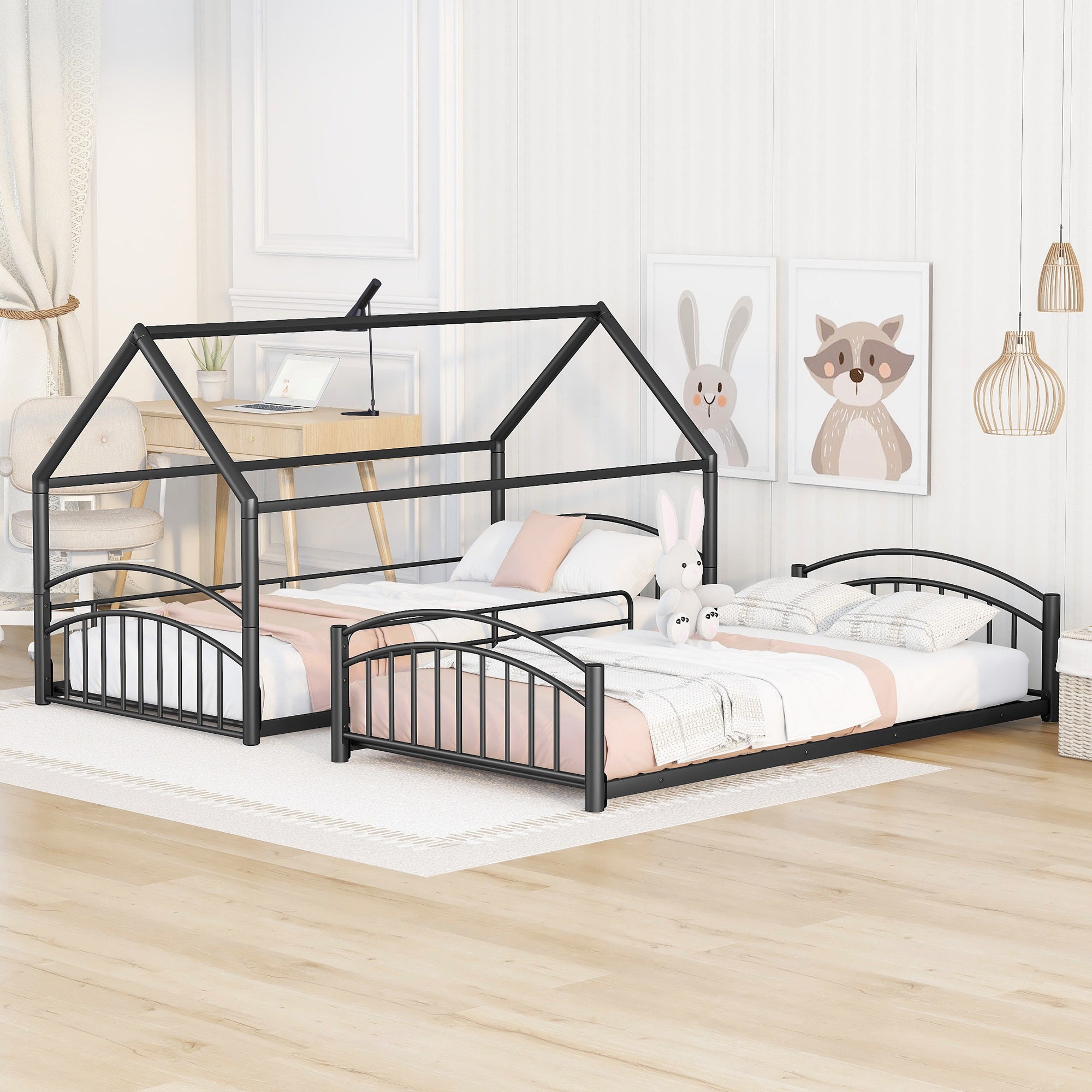 Twin Over Twin Metal Bunk Bed With Slide,Kids House Bed Black+Red