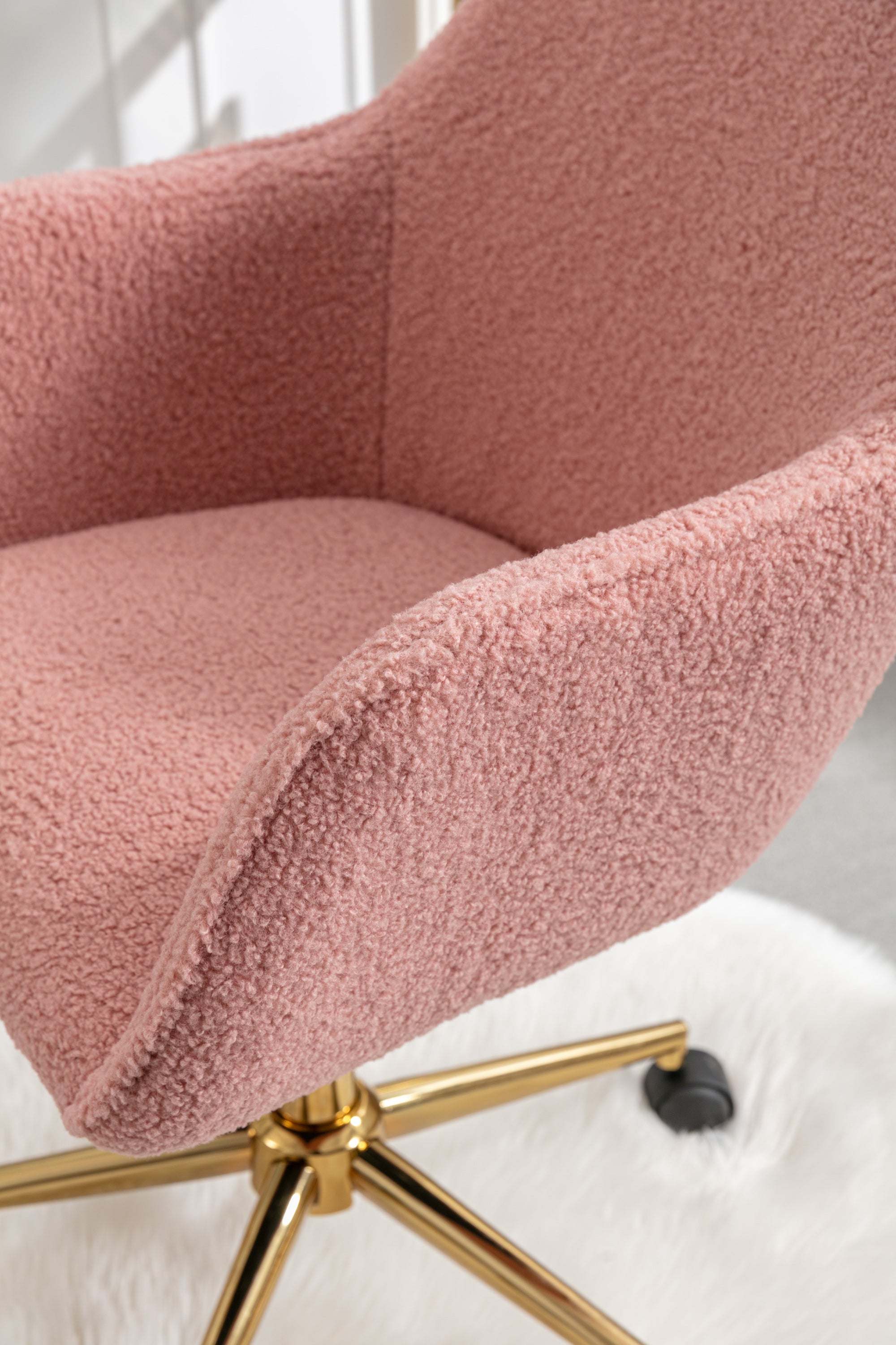 Modern Teddy Fabric Material Adjustable Height 360 Revolving Home Office Chair With Gold Metal Legs And Universal Wheel For Indoor,Pink