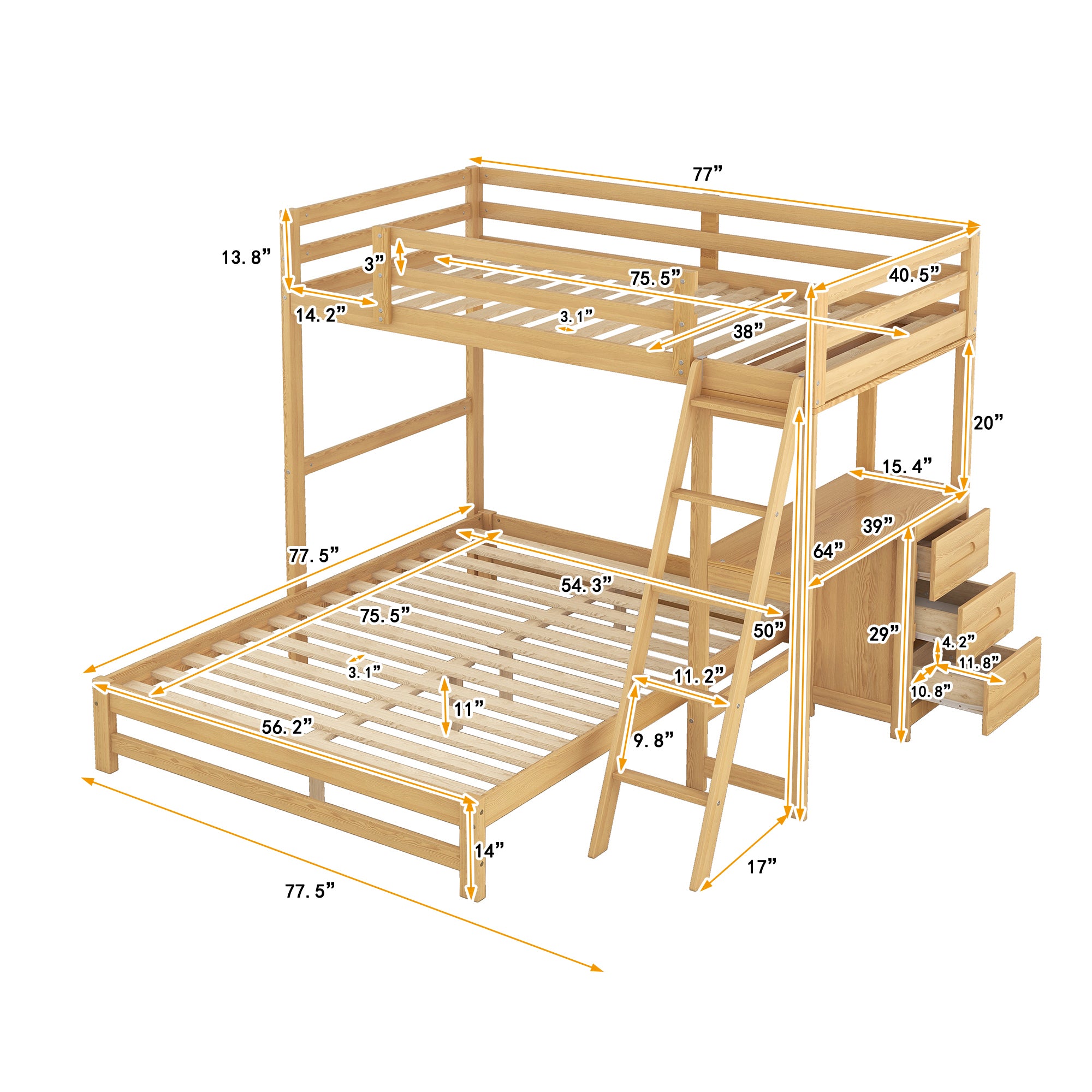 Twin over Full Bunk Bed with Built-in Desk and Three Drawers,Natural(old sku: SM000709AAD)