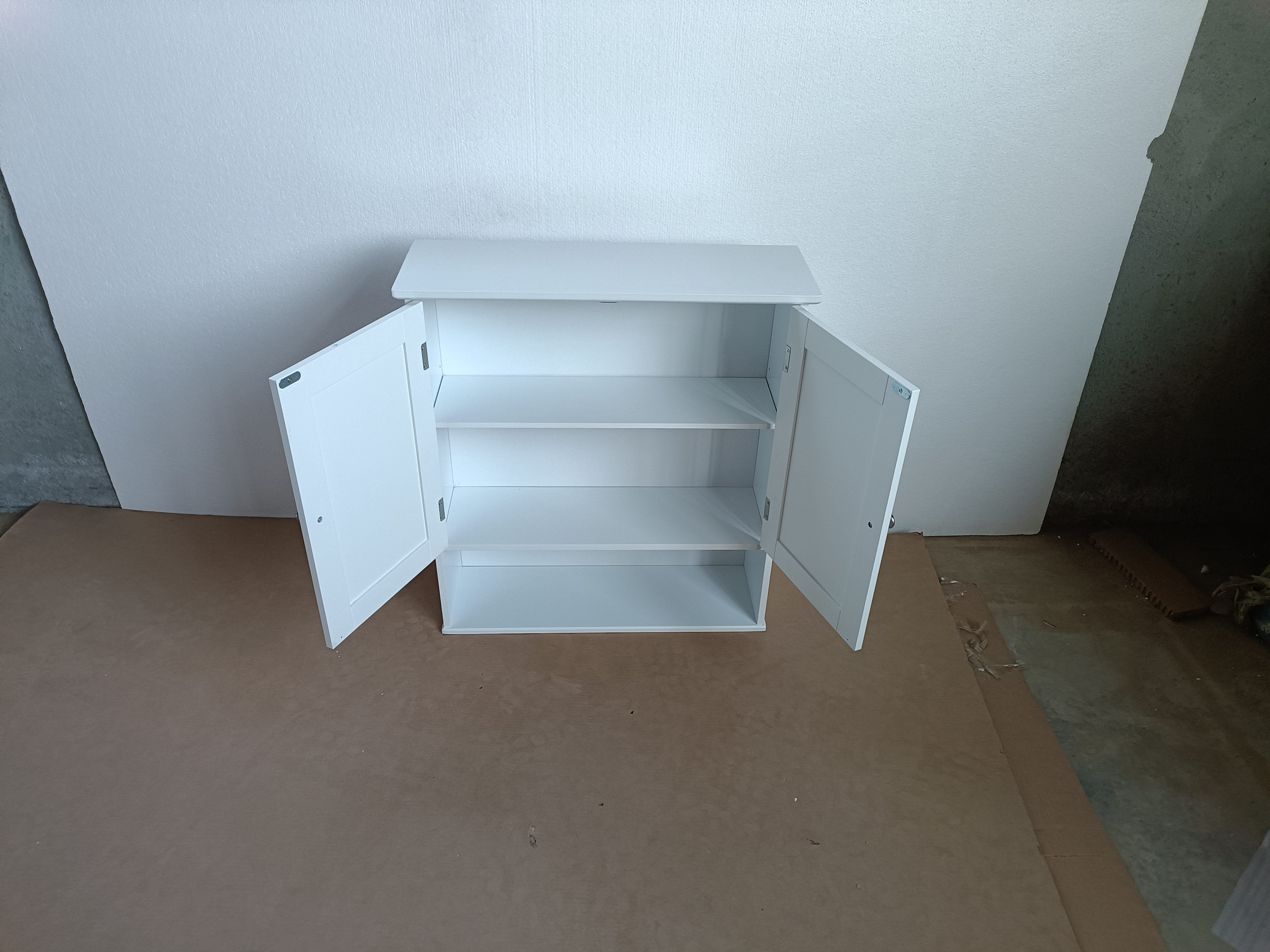 White 3-tier medicine cabinet with open shelving, detail view