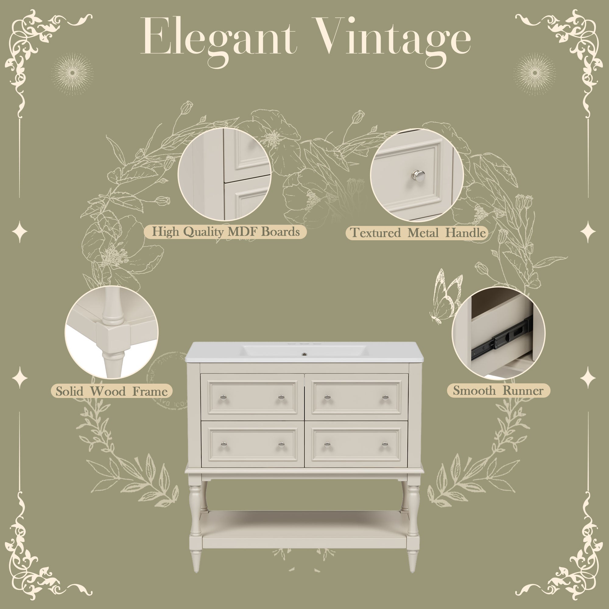Beige solid wood free-standing vanity, angled view