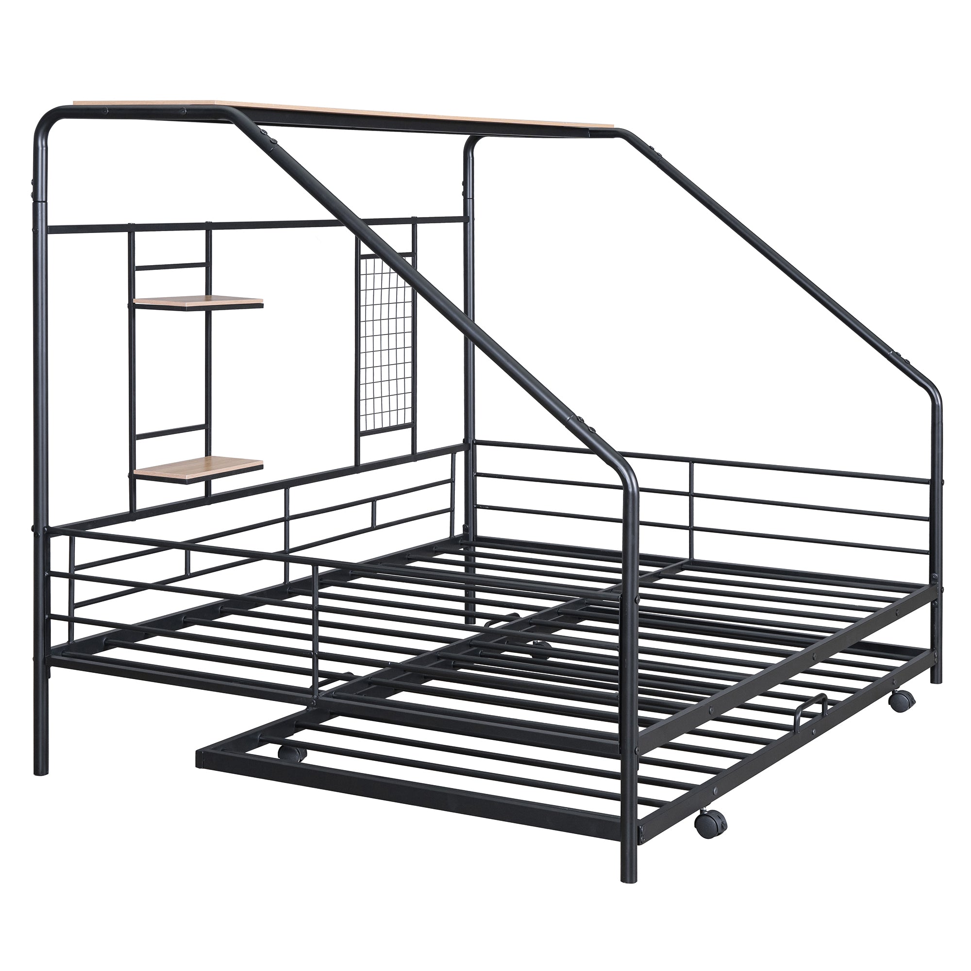 Full Size Metal House Bed with Trundle, Black