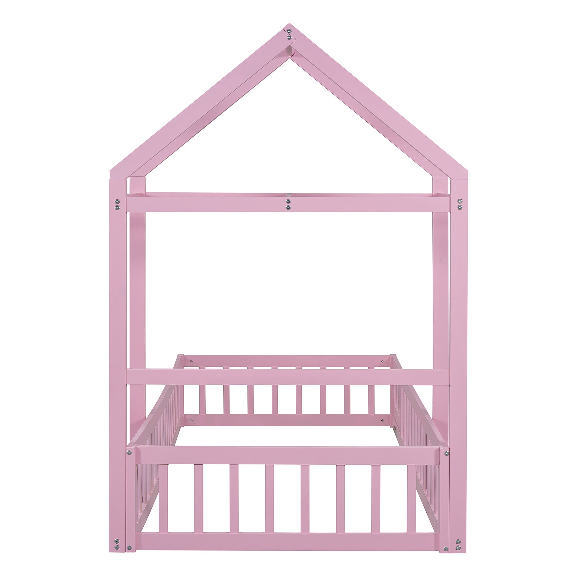 Wooden Floor Bed with Fence Railings and Detachable House Shape Headboard, Twin Size Bed with Kids Dress Up Rack, Kids Montessori Style Playhouse Frame for Girls Boys, Pink