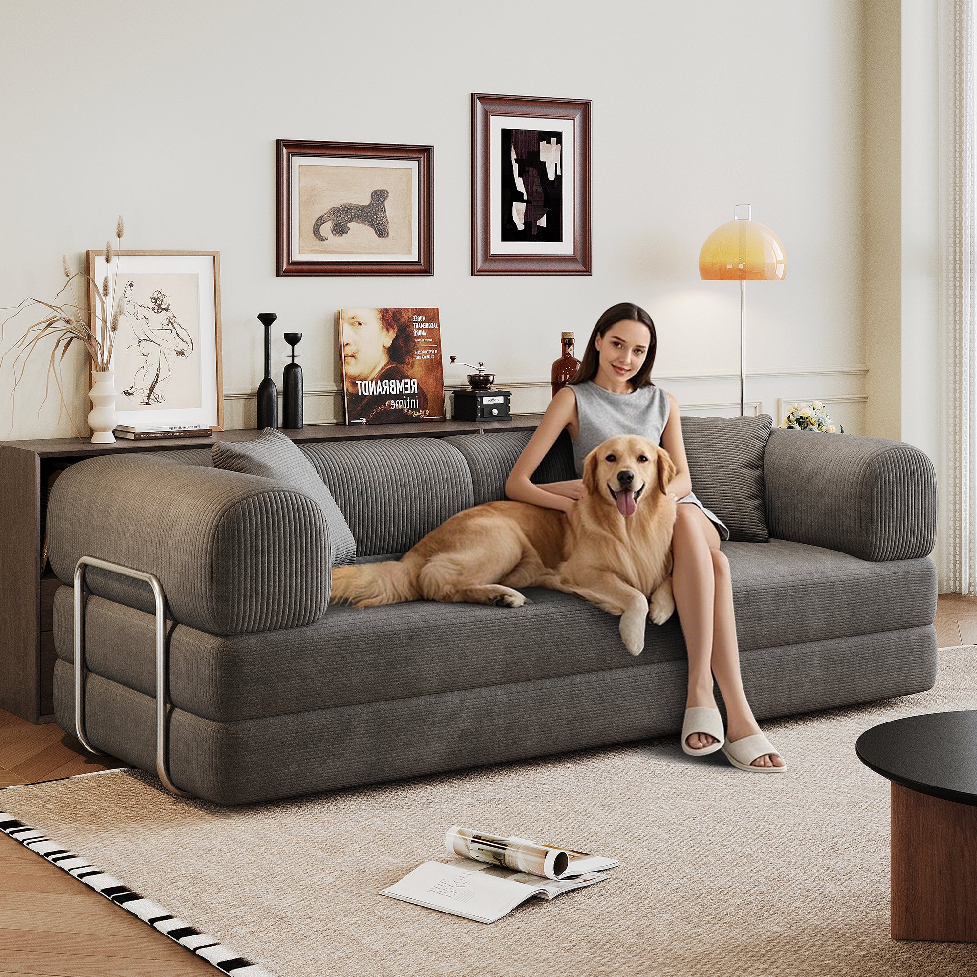 Grey corduroy convertible sofa bed in living room setting