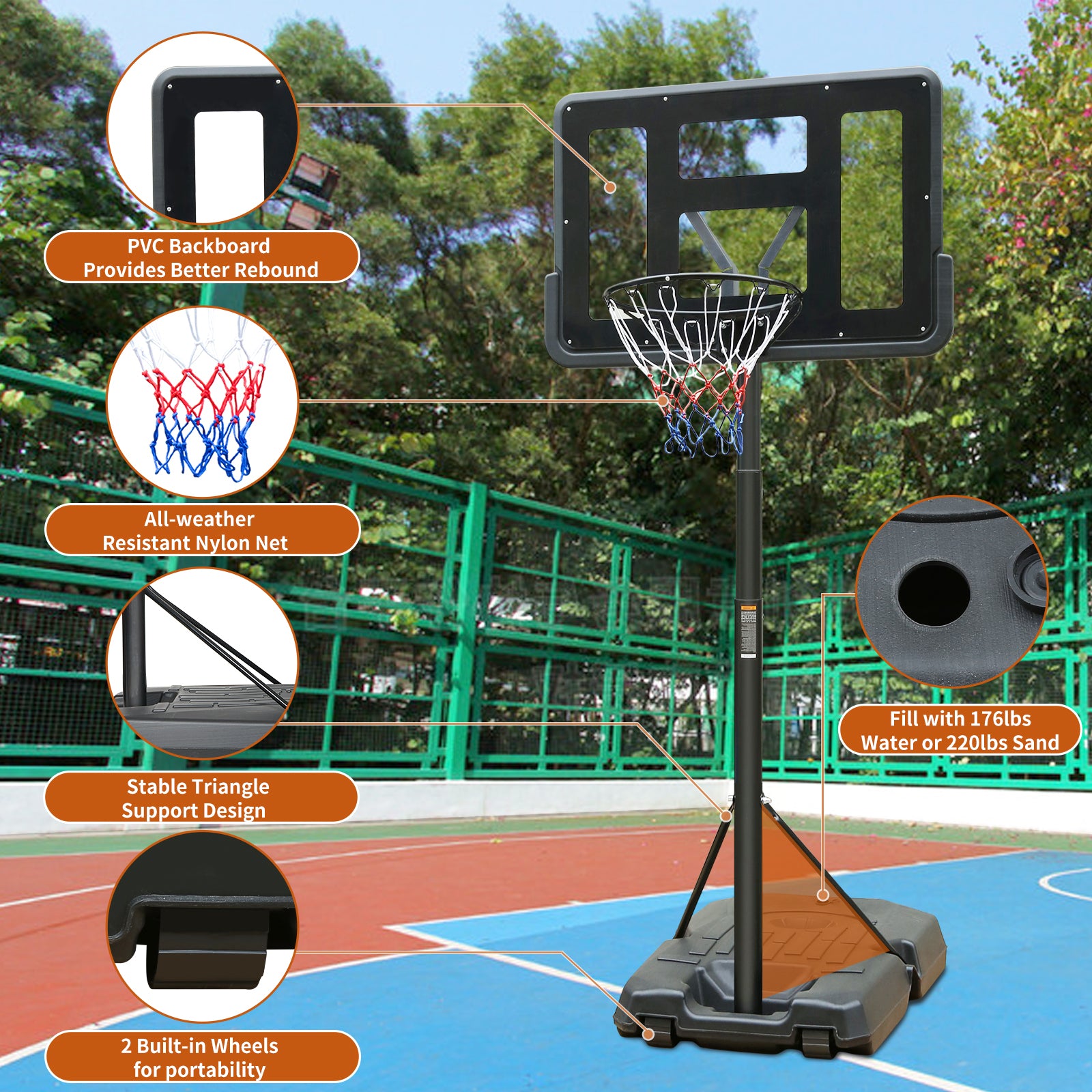 Portable Basketball Hoop Height Adjustable basketball hoop stand 6.5ft - 10ft with 44 Inch Backboard and Wheels for Adults Teens Outdoor Indoor