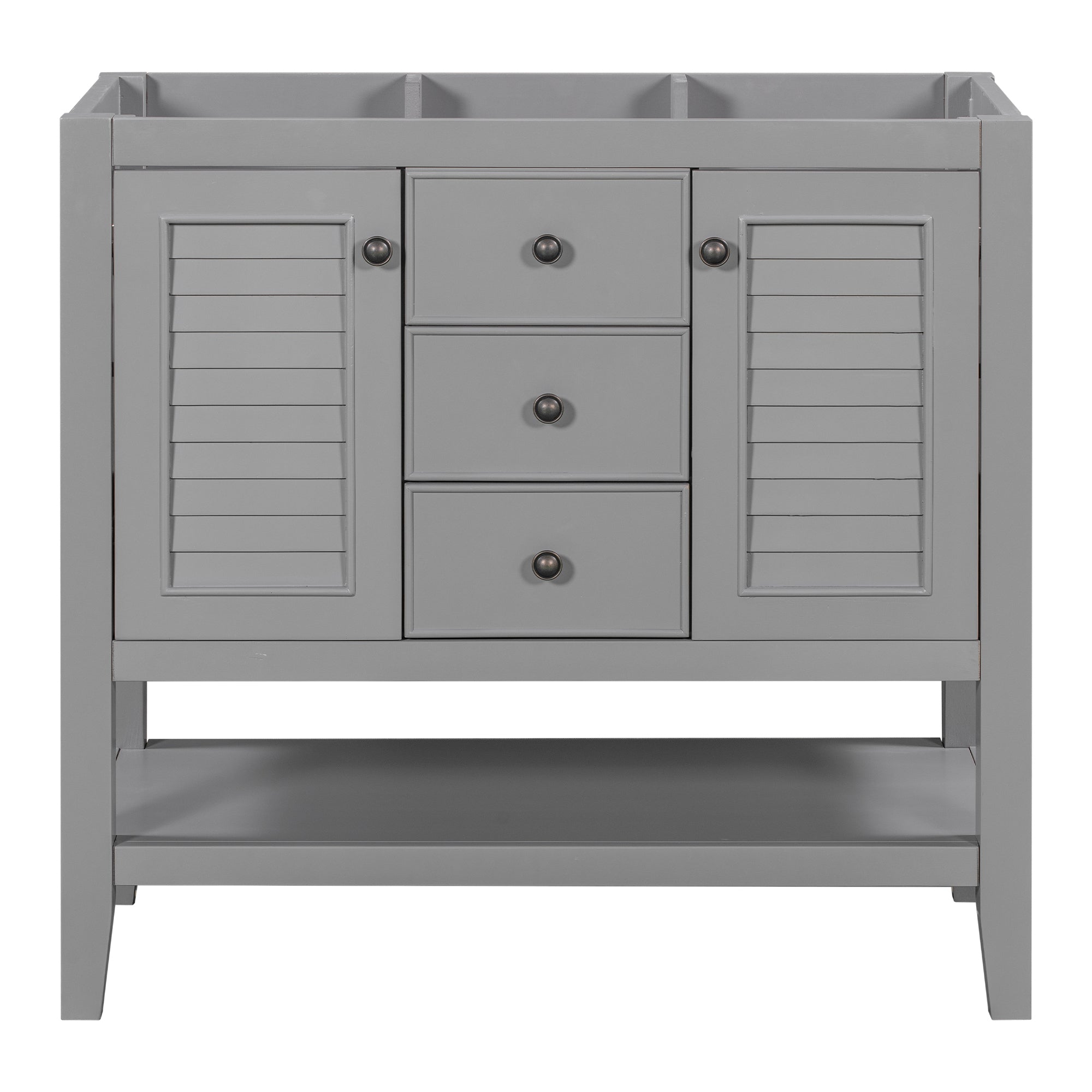 36" Bathroom Vanity without Sink, Cabinet Base Only, Two Cabinets and Drawers, Open Shelf, Solid Wood Frame, Grey