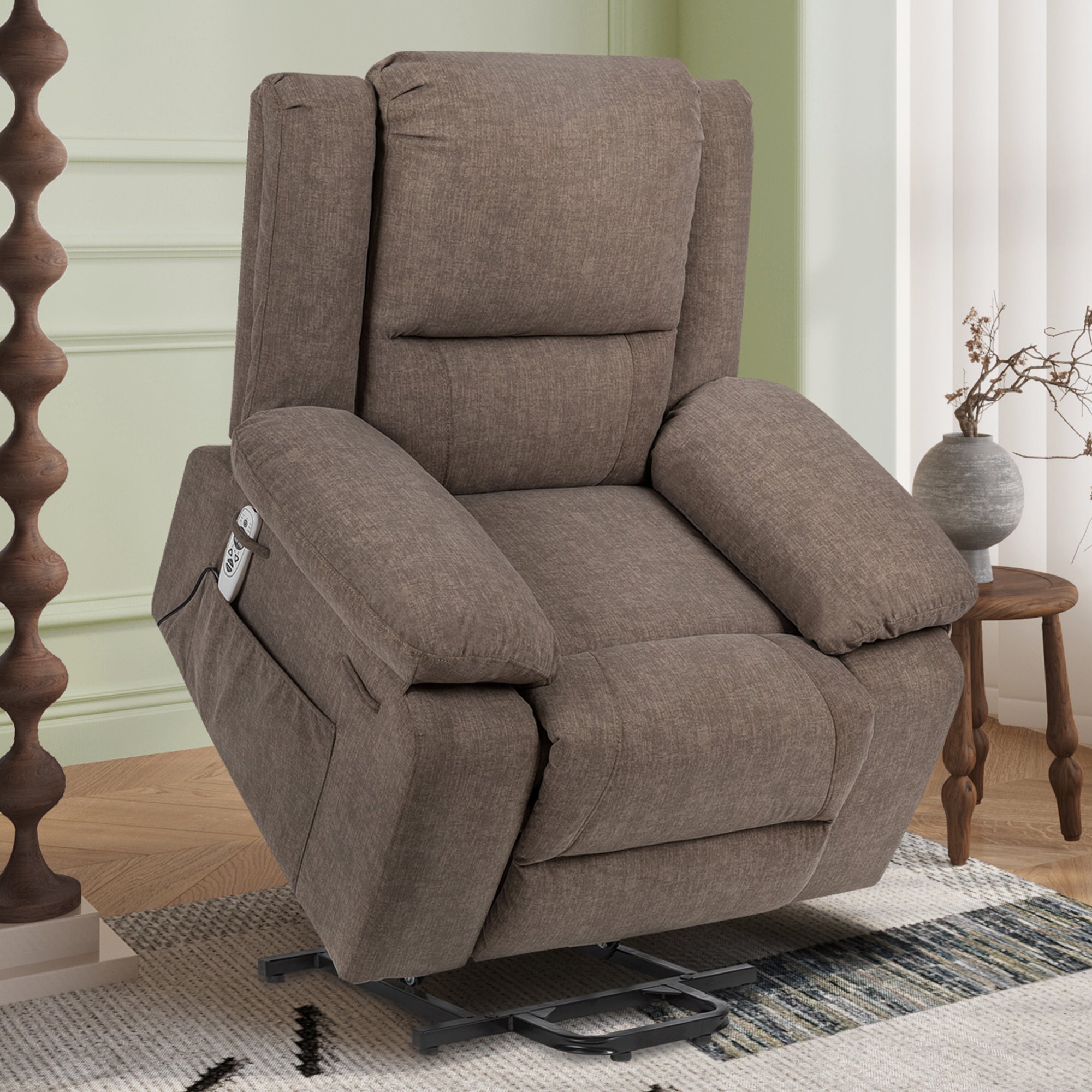 Electric Power Recliner Chair With Massage For Elderly ,Remote Control Multi-function Lifting, Timing, Cushion Heating Chair With Side Pocket Brown