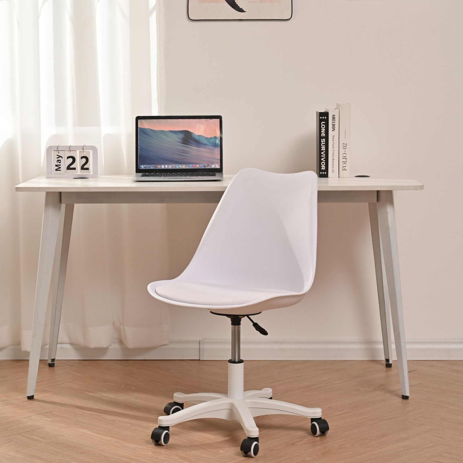 Armless Office Chair,Ergonomic Small Computer Desk Chair with Wheels,Adjustable Rolling Chair, Support Swivel Task Chair for Small Spaces living room,bedroom(White)