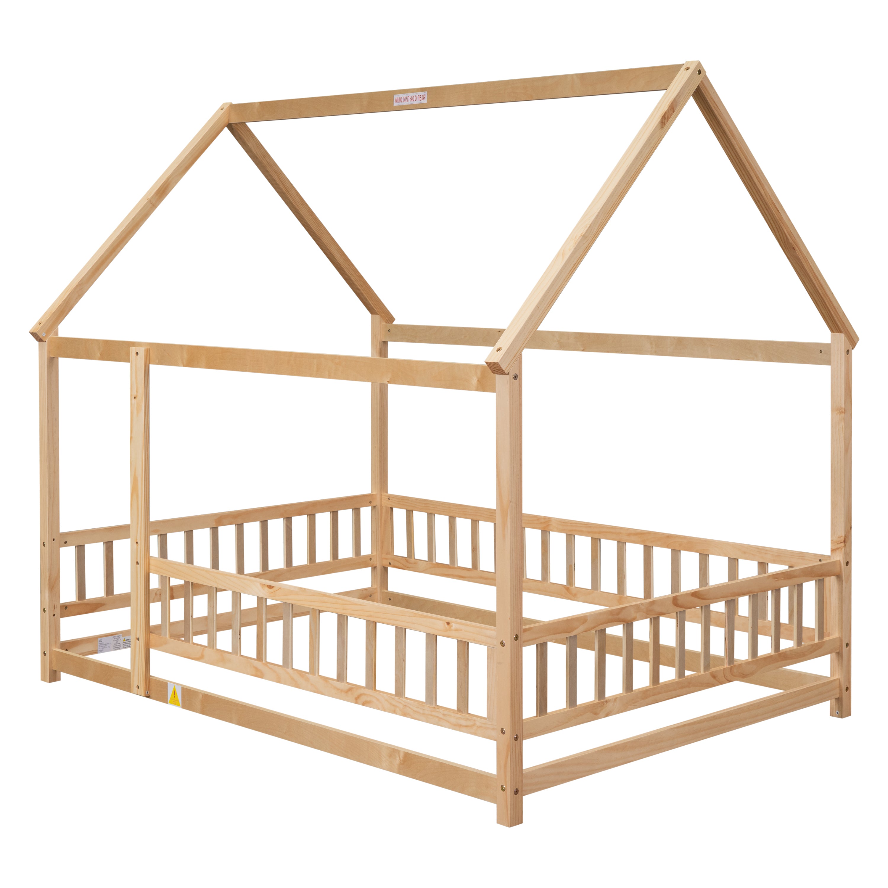 Full Size Floor Wooden Bed with House Roof Frame, Fence Guardrails ,Nartural(Old SKU:W504105242)