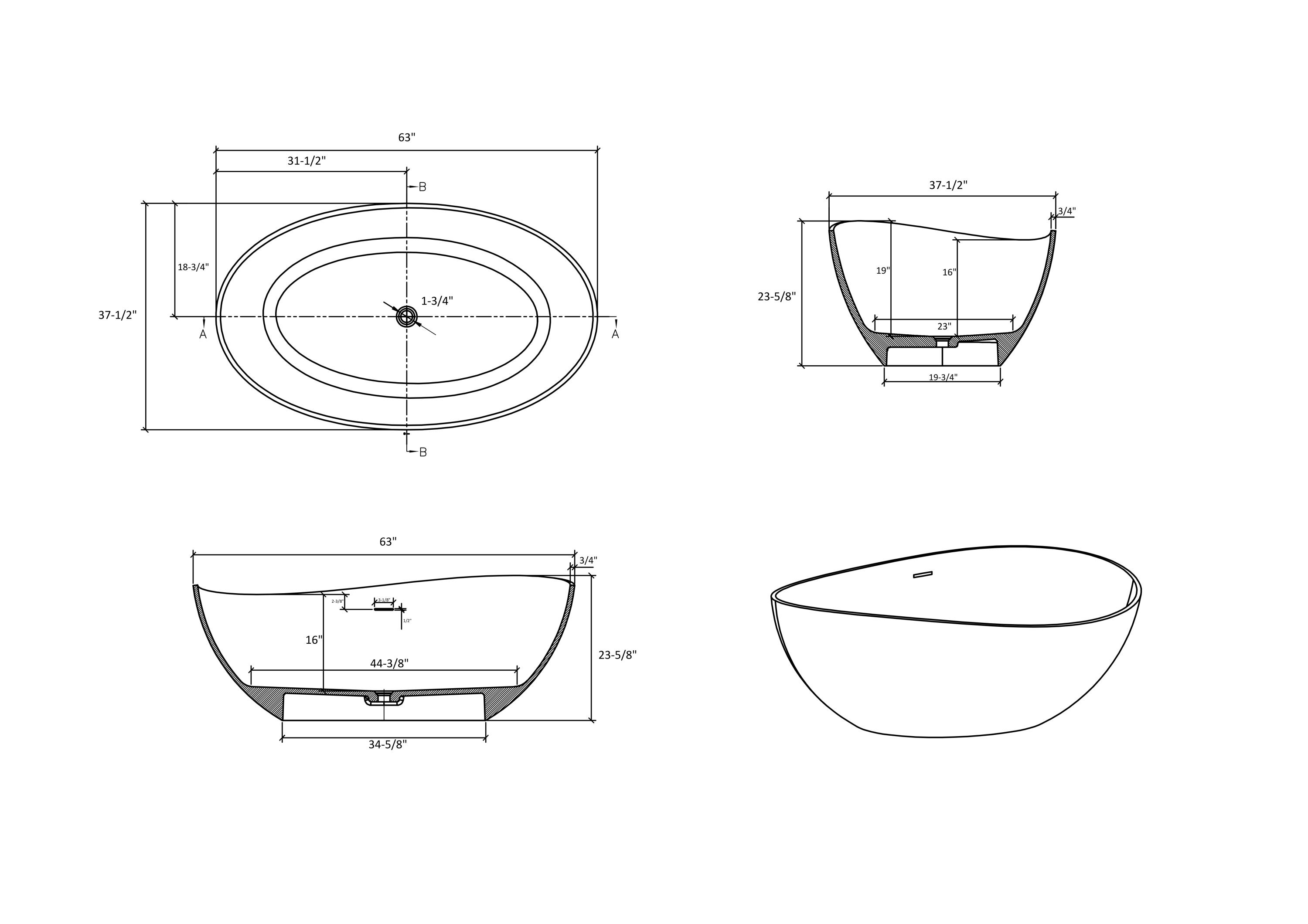 63" Freestanding Solid Surface Bathtub, Luxury Engineered Stone Resin Freestanding Soaking Bathtub with Overflow and Pop-up Drain for Contemporary Bathroom, Matte White 24S05-63MW