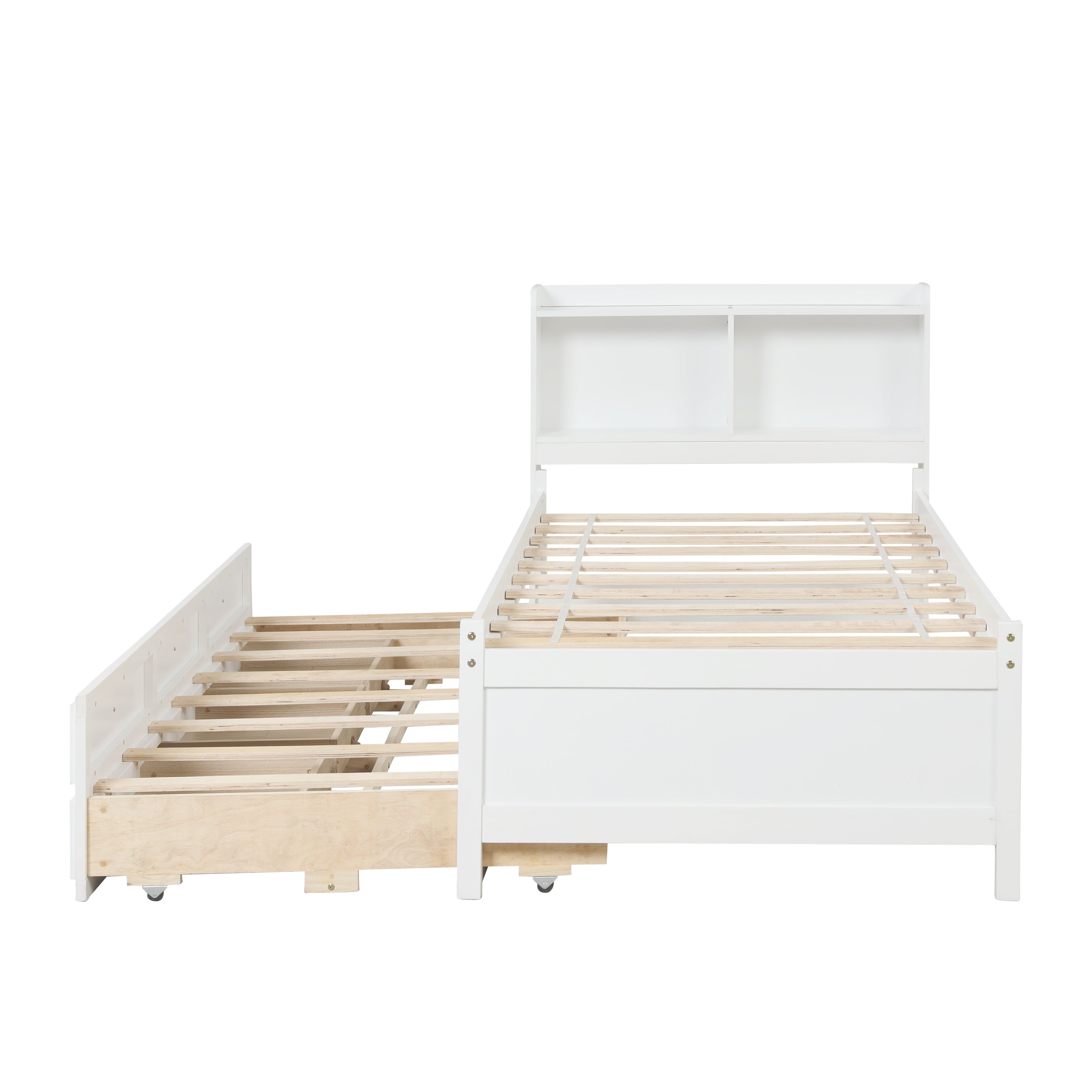 Twin Bed with Bookcase,Twin Trundle,Drawers,White