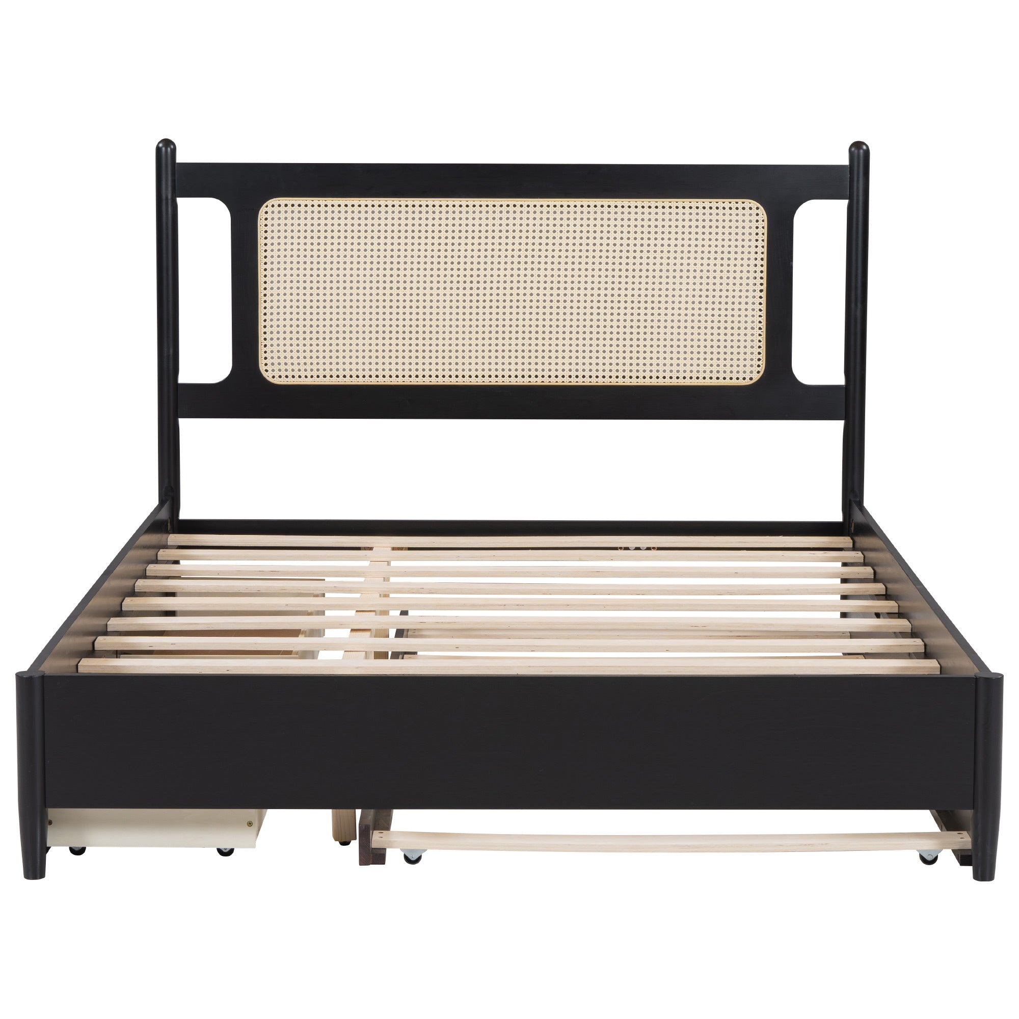 Queen Size Wooden Rattan Platform Bed, with 2 Big Drawers, T Size Trundle, Espresso