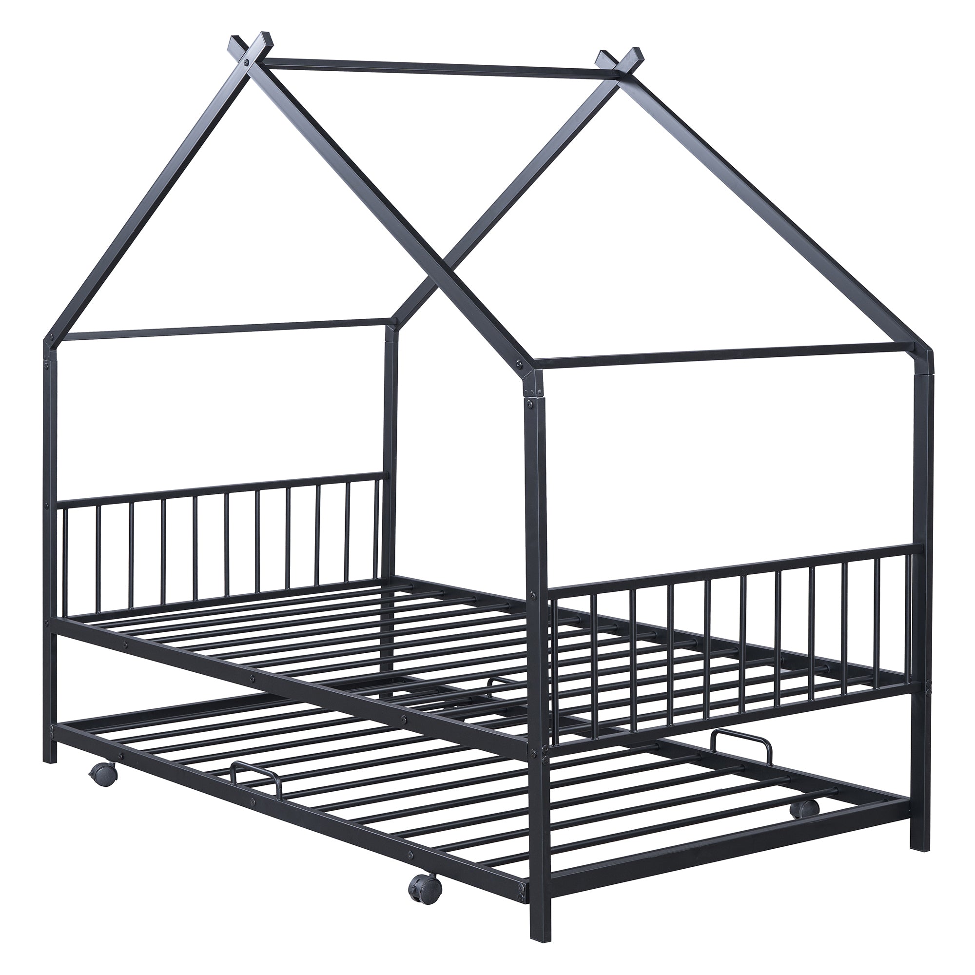 Twin Size Metal House Bed with Twin Size Trundle, Black