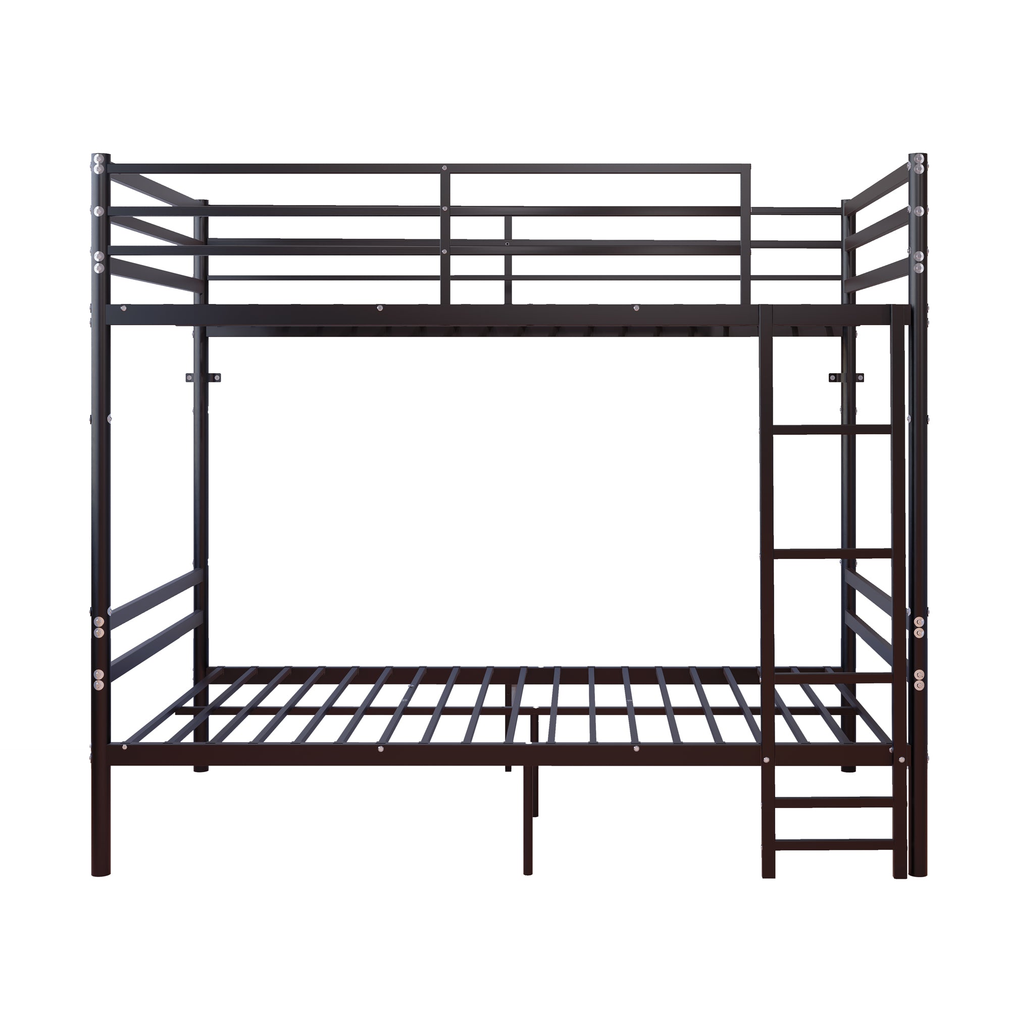 Black twin bunk bed sturdy ladder and heavy-duty slat support detail