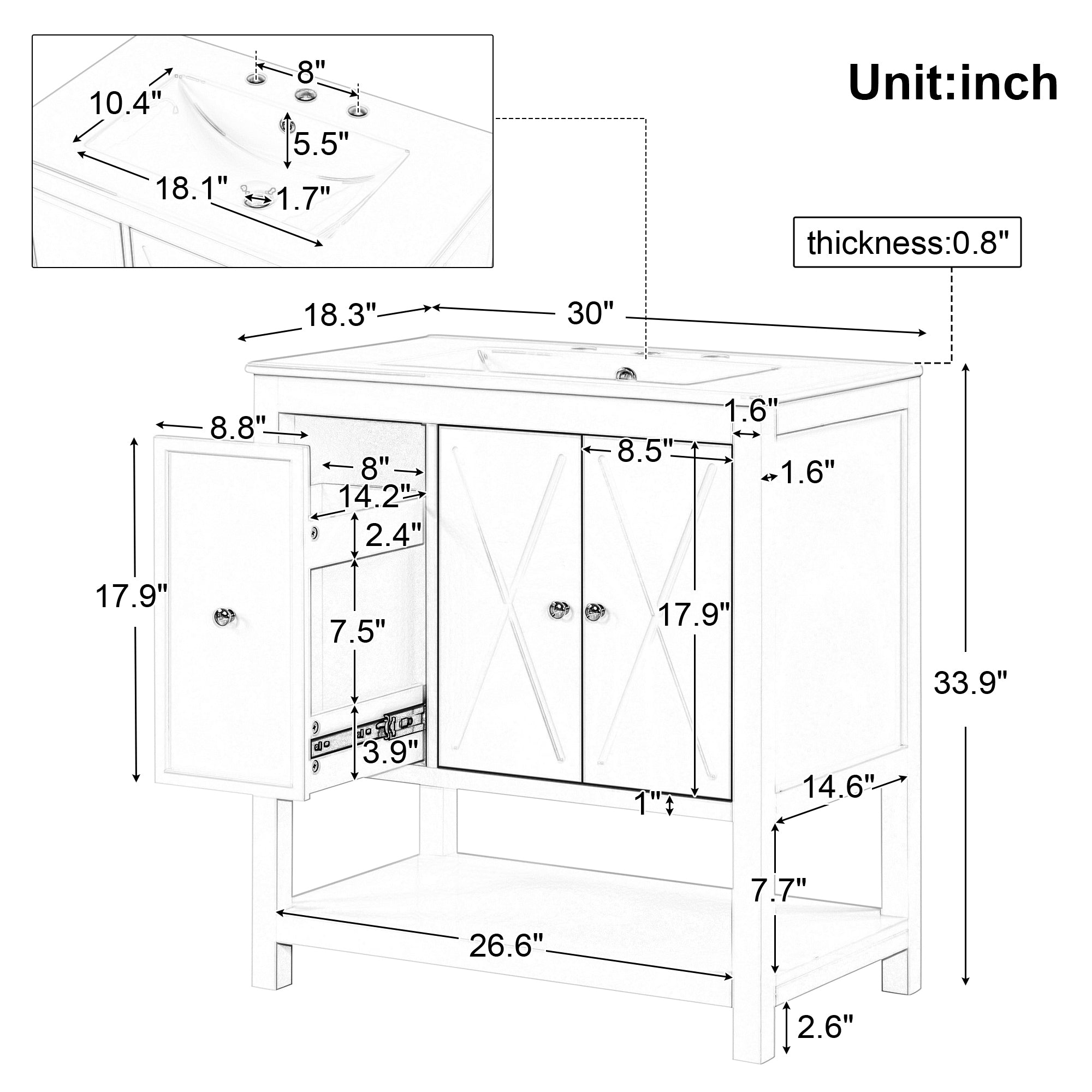 30" Bathroom Vanity with Sink Top, Bathroom Vanity Cabinet with Two Doors and One Drawer, MDF Boards, Solid Wood, One Package, White