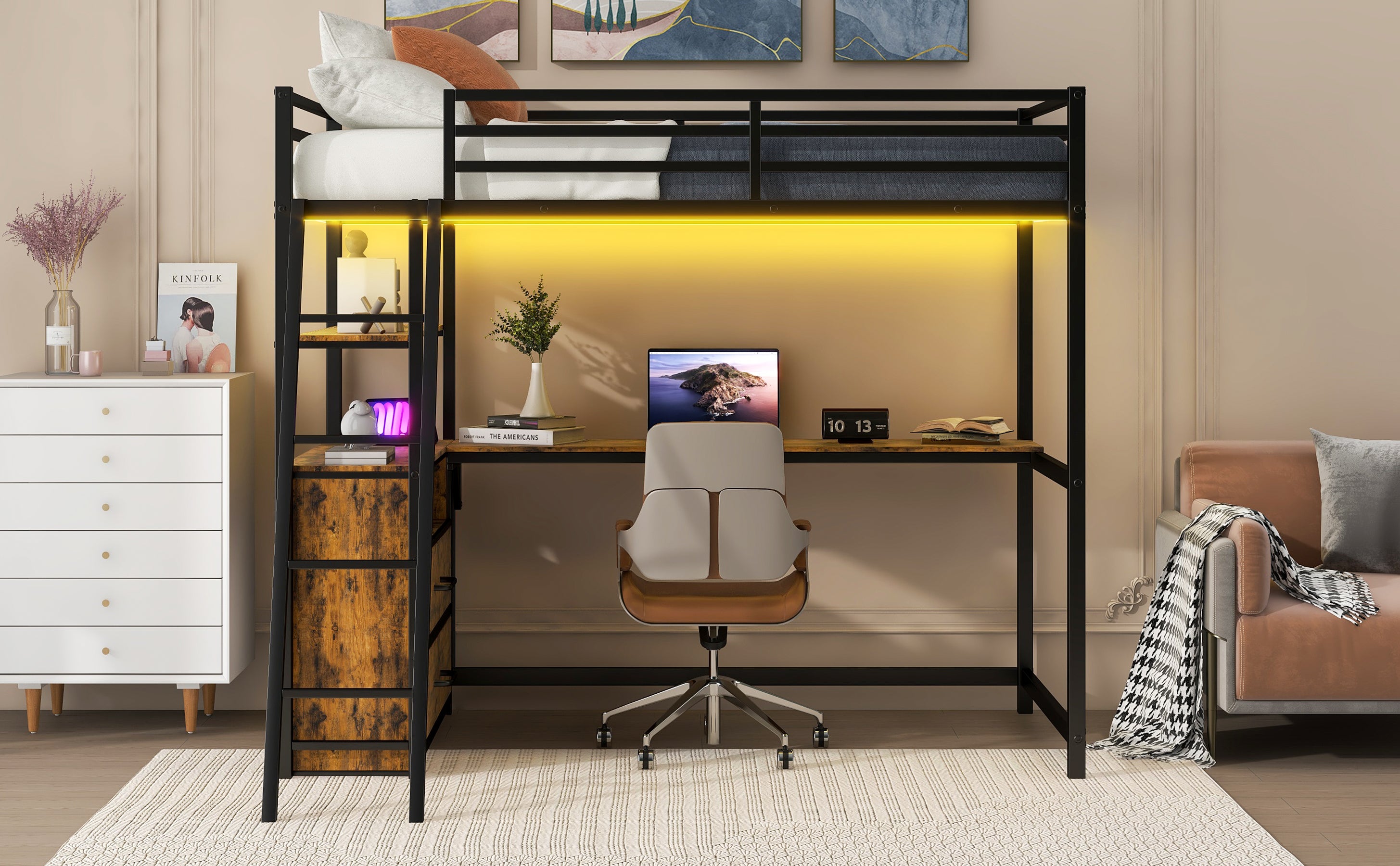 Twin Size Metal&Wood Loft Bed with Desk and Shelves, Two Built-in Drawers, LED Light and USB Charging Station, Black