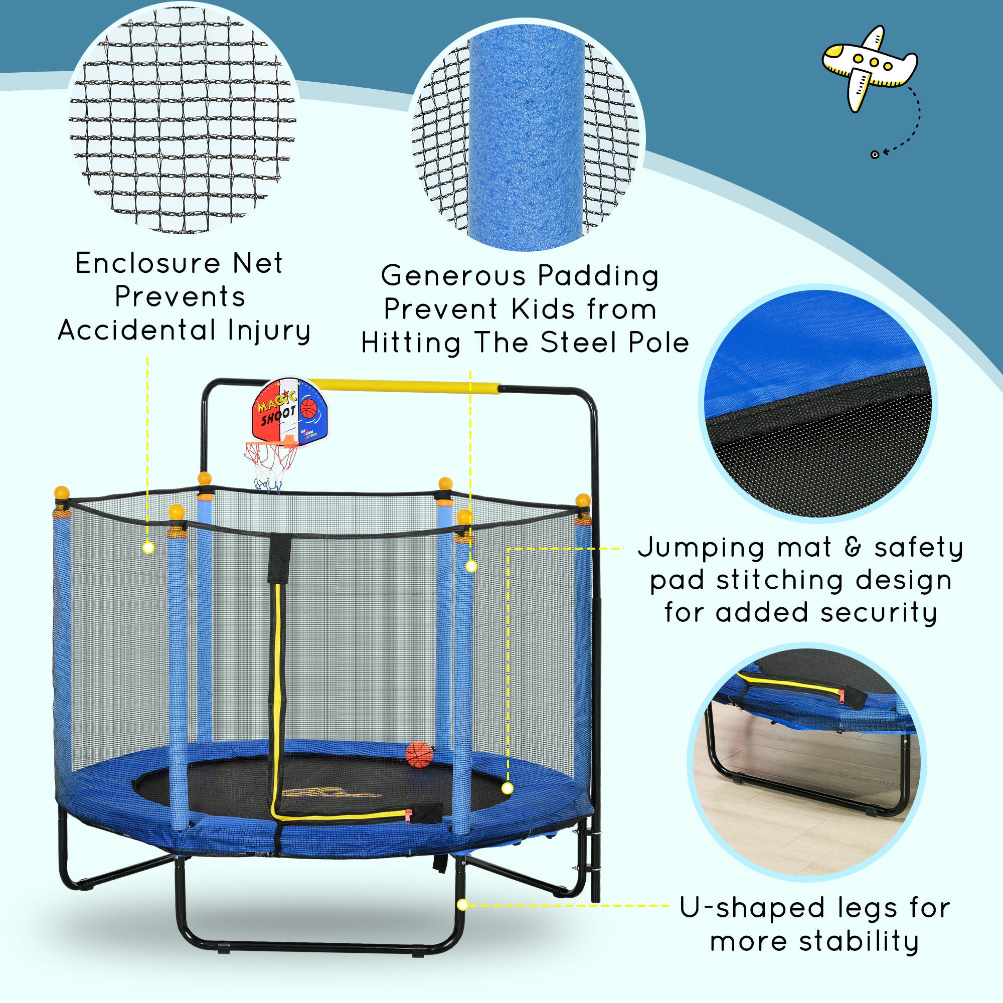 Qaba 4.6' Kids Trampoline with Basketball Hoop, Horizontal Bar, 55" Indoor Trampoline with Net, Small Springfree Trampoline Gifts for Kids Toys, Ages 3-10, Blue