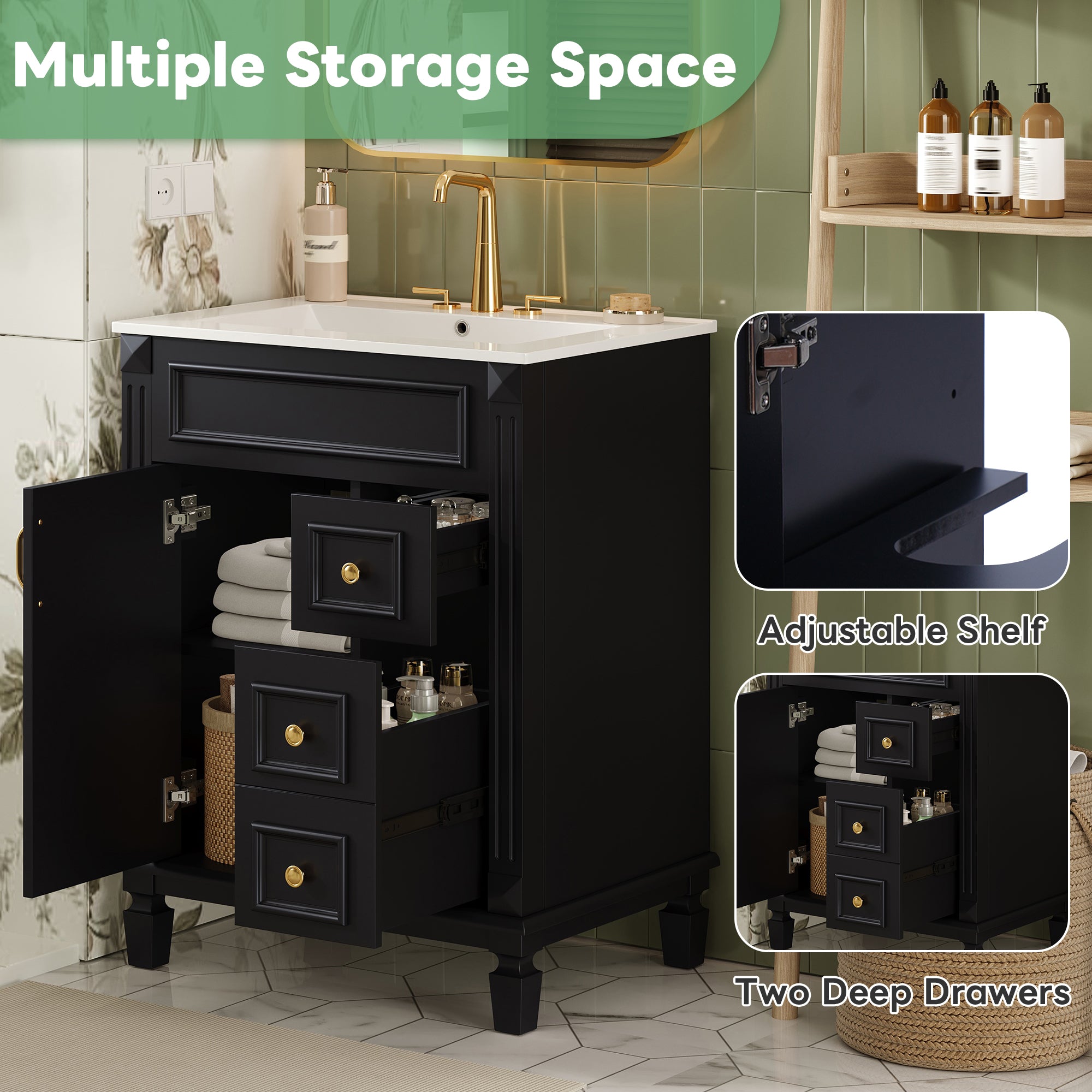 Modern vanity adjustable shelf storage interior, open view
