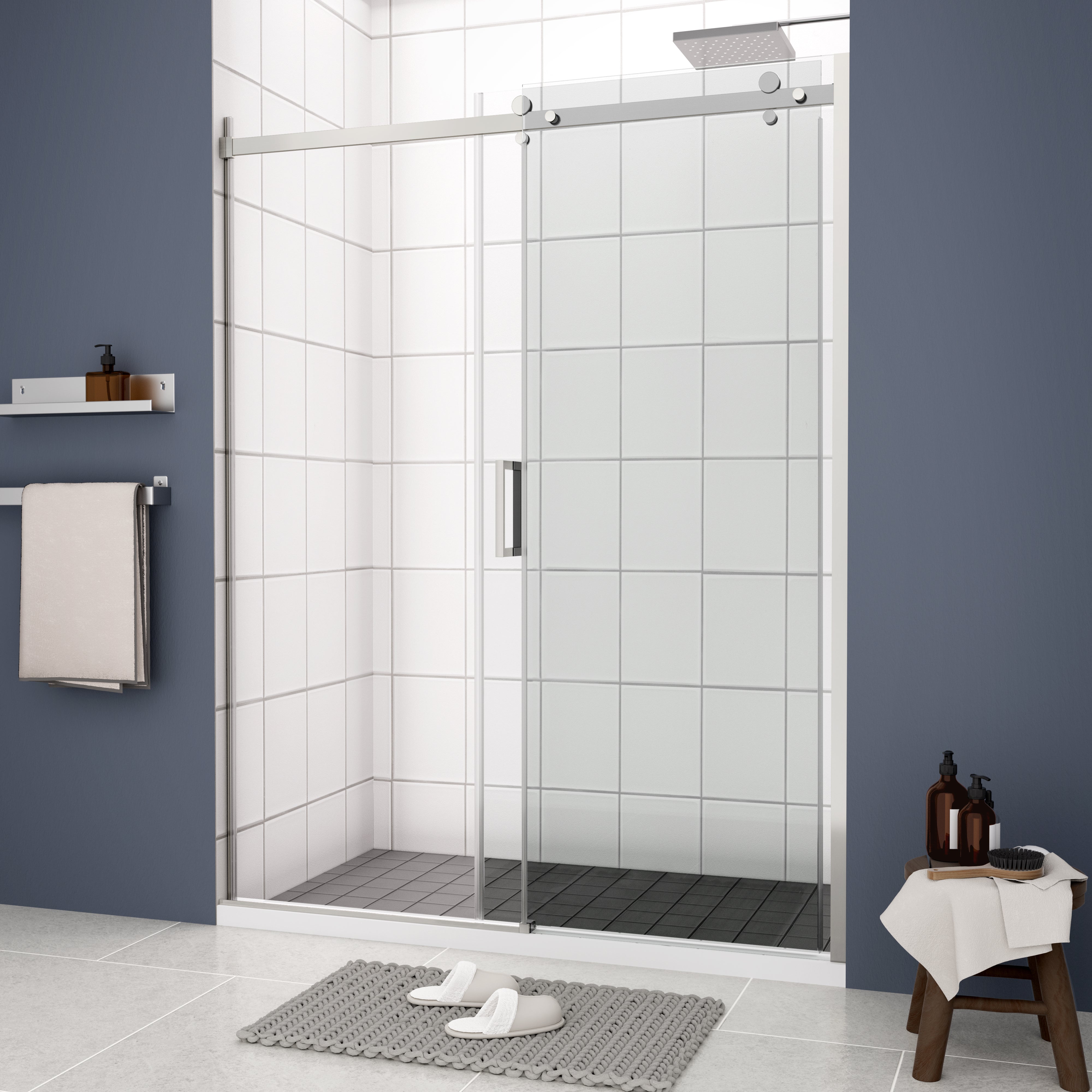 Bypass Sliding Glass Shower Door with Tempered Glass and Matte Black Finish