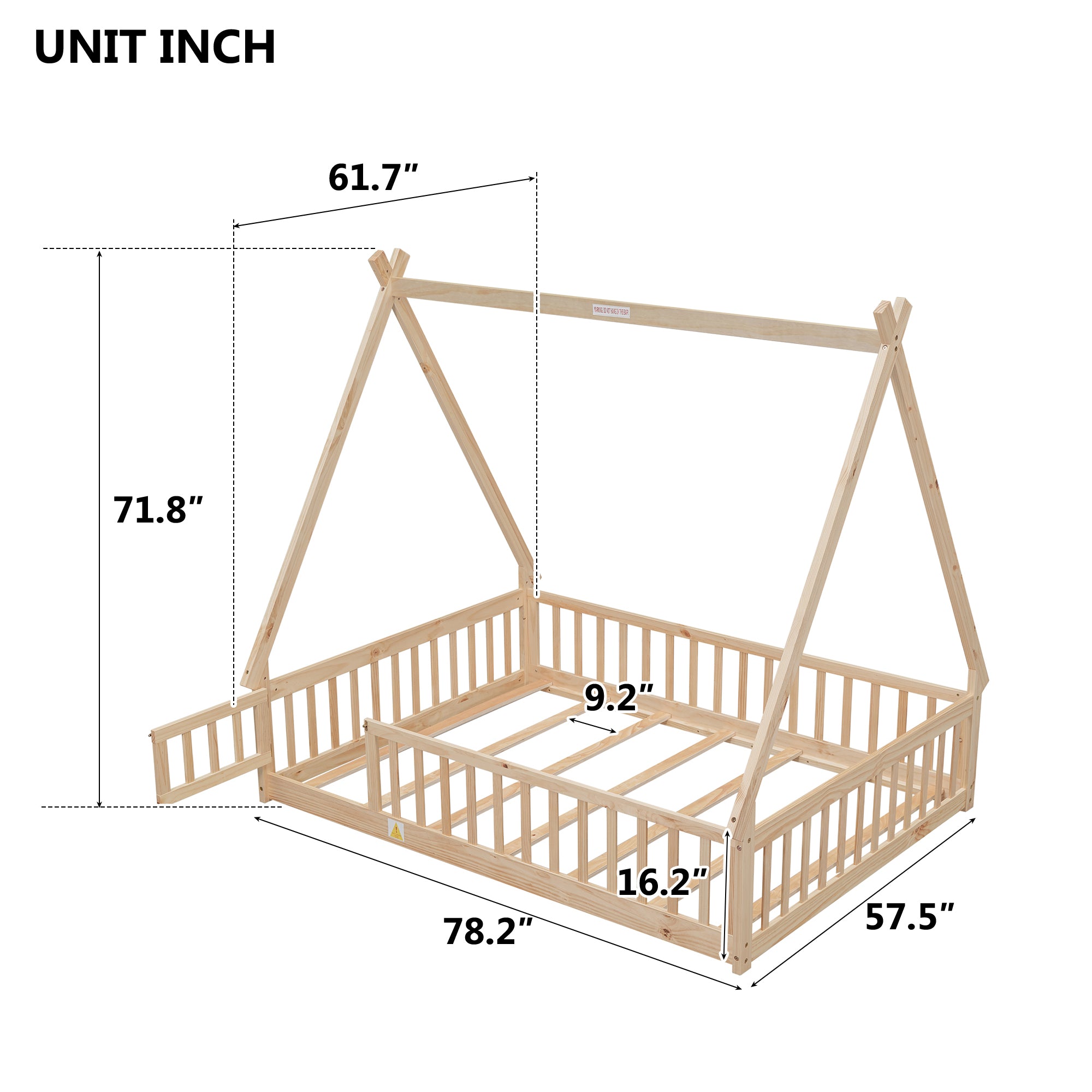 Full Tent-shaped Floor Bed, with Guardrails, Slats, Door ,Natural