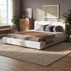 White boucle upholstered king platform bed, full front view with headboard
