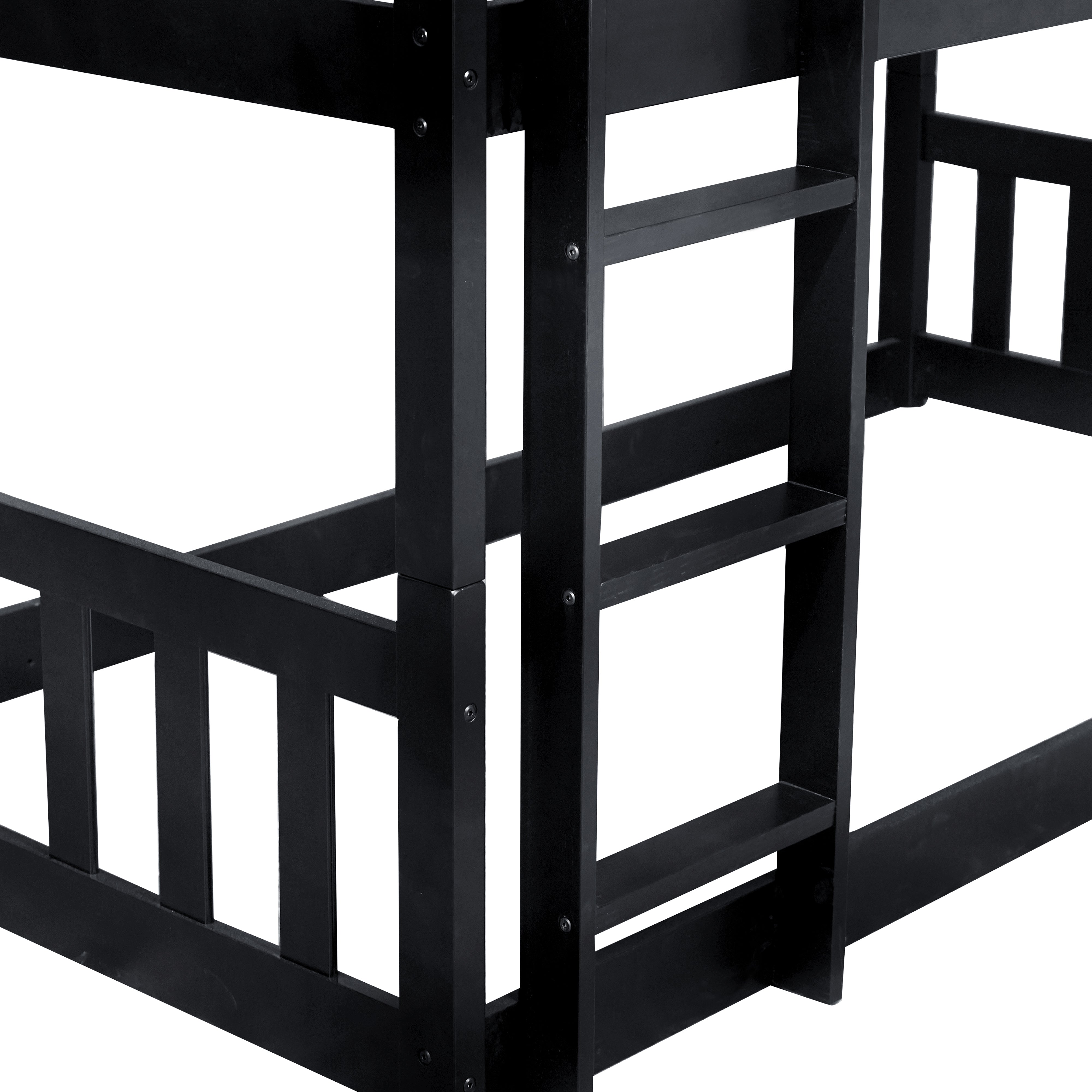 Twin triple bunk bed, black rubber wood, twin over twin over twin, front view