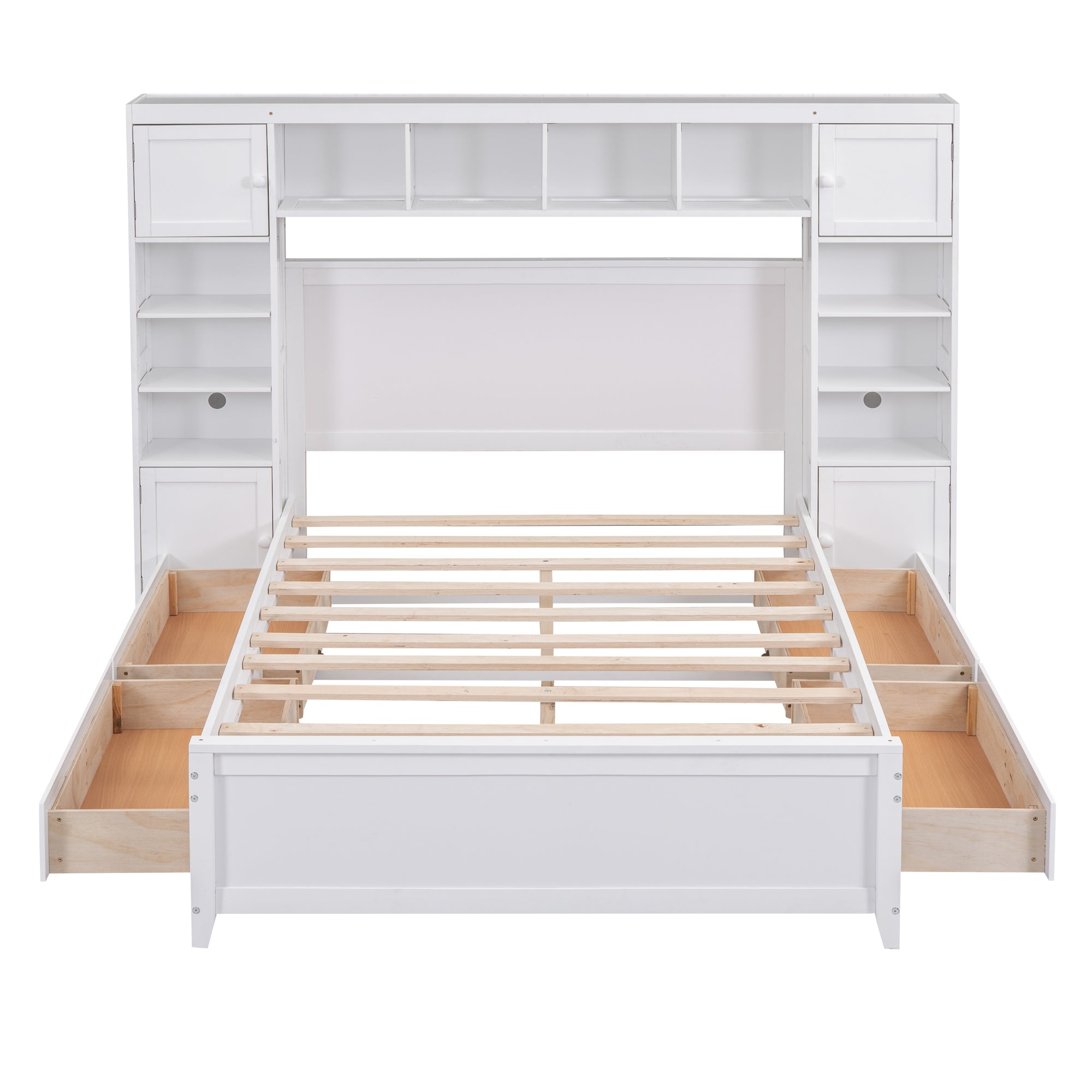 Full Size Wooden Bed With All-in-One Cabinet and Shelf, White