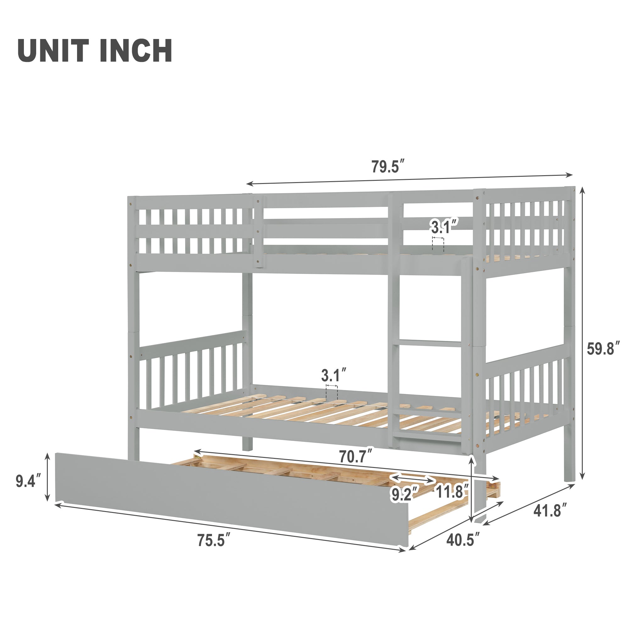 Twin Over Twin Bunk Beds with Trundle, Solid Wood Trundle Bed Frame with Safety Rail and Ladder, Kids/Teens Bedroom, Guest Room Furniture, Can Be converted into 2 Beds,Grey