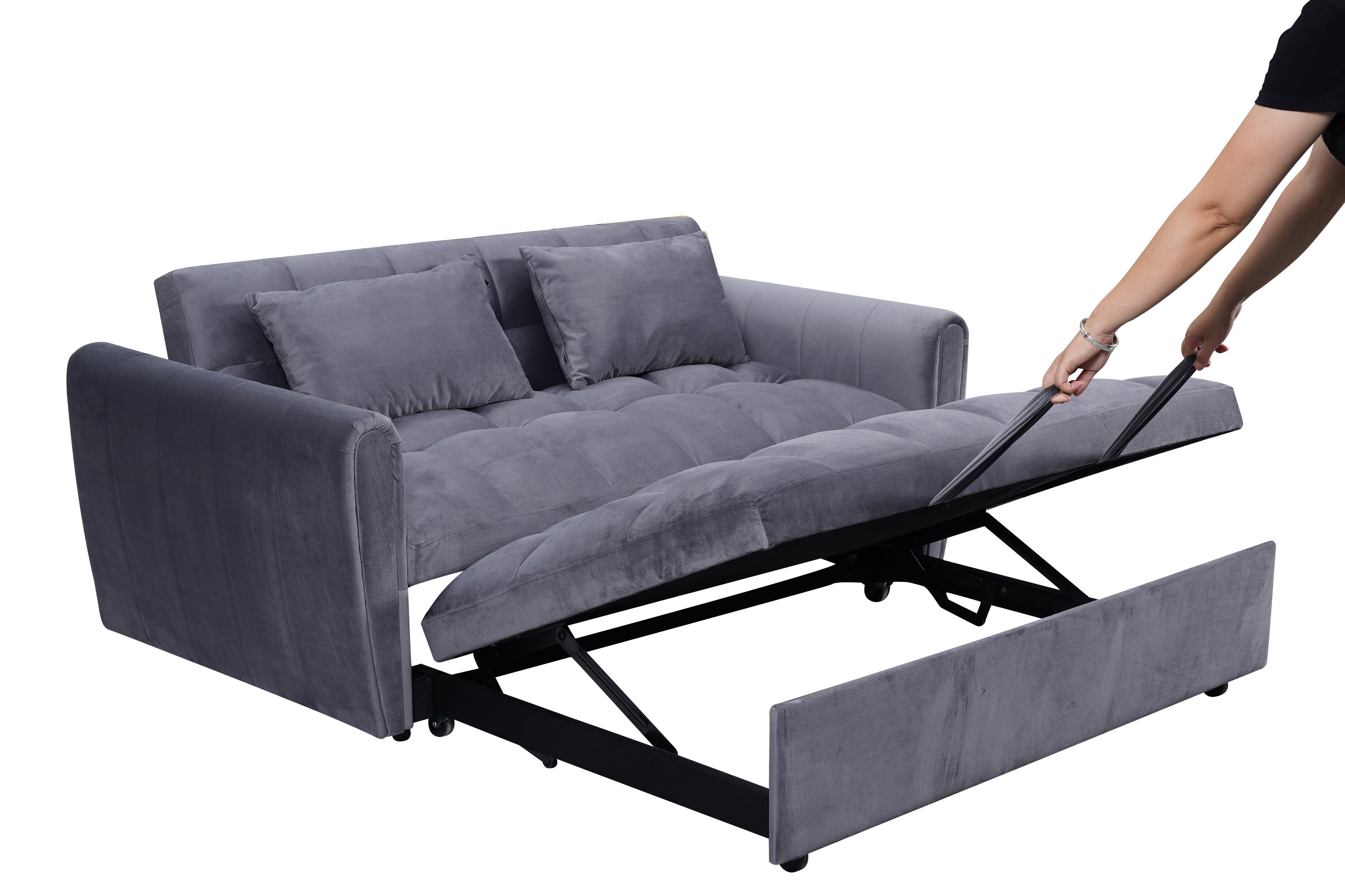 64.9 "3-in-1 foldable large size sofa bed, modern velvet double sofa, sofa bed with adjustable back, storage bag and pillow, suitable for living room, bedroom (dark grey)