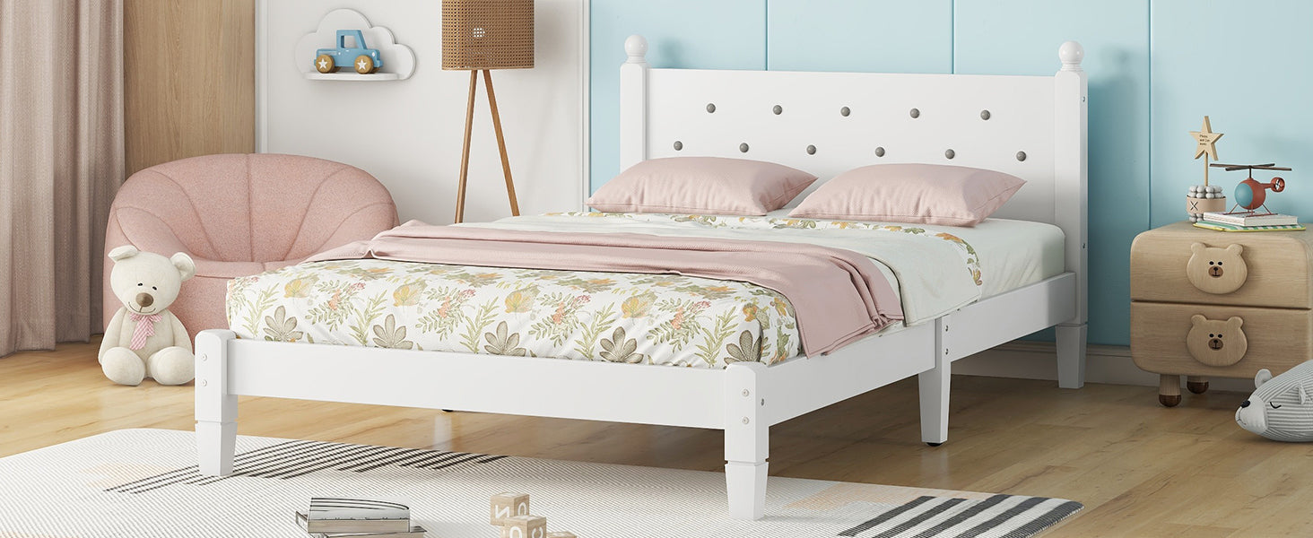 Twin Bed with Button-Decoration Headboard, with Bed Slats,White