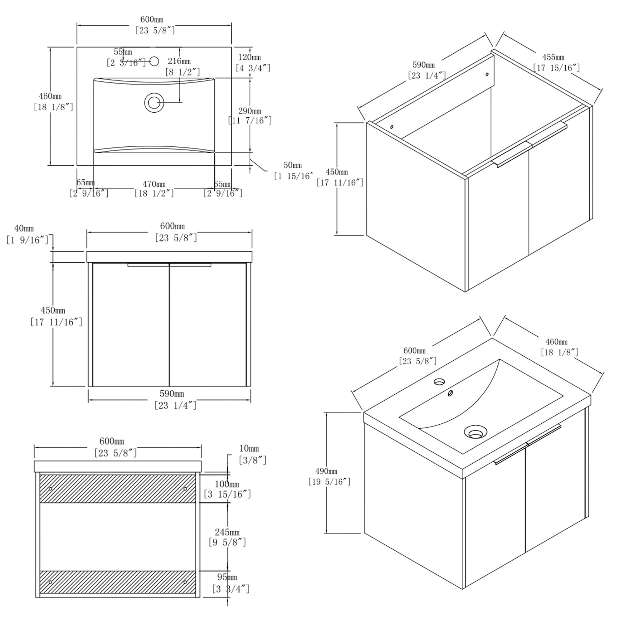 White floating bathroom vanity with ceramic sink, side profile view