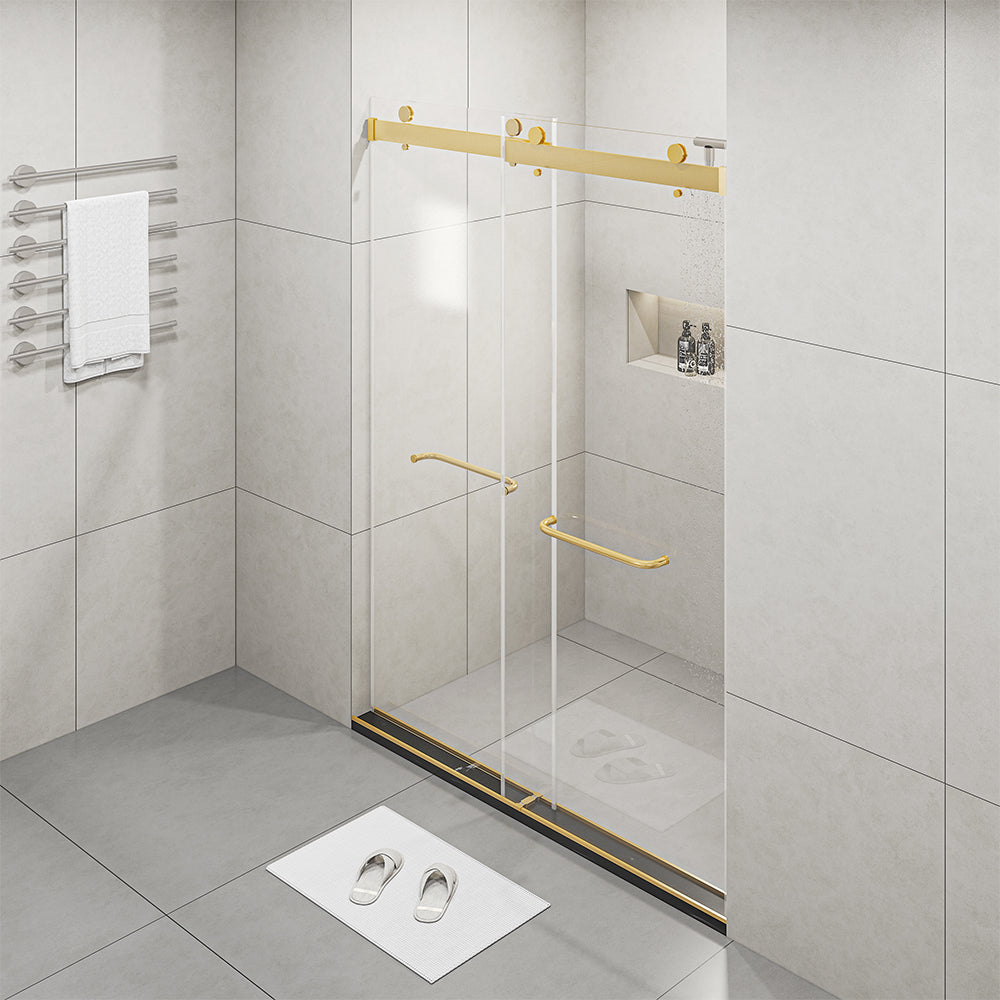 Frameless Sliding Glass Shower Doors 60"W x 76"H with 3/8"(10mm) Clear Tempered Glass, Brushed Gold