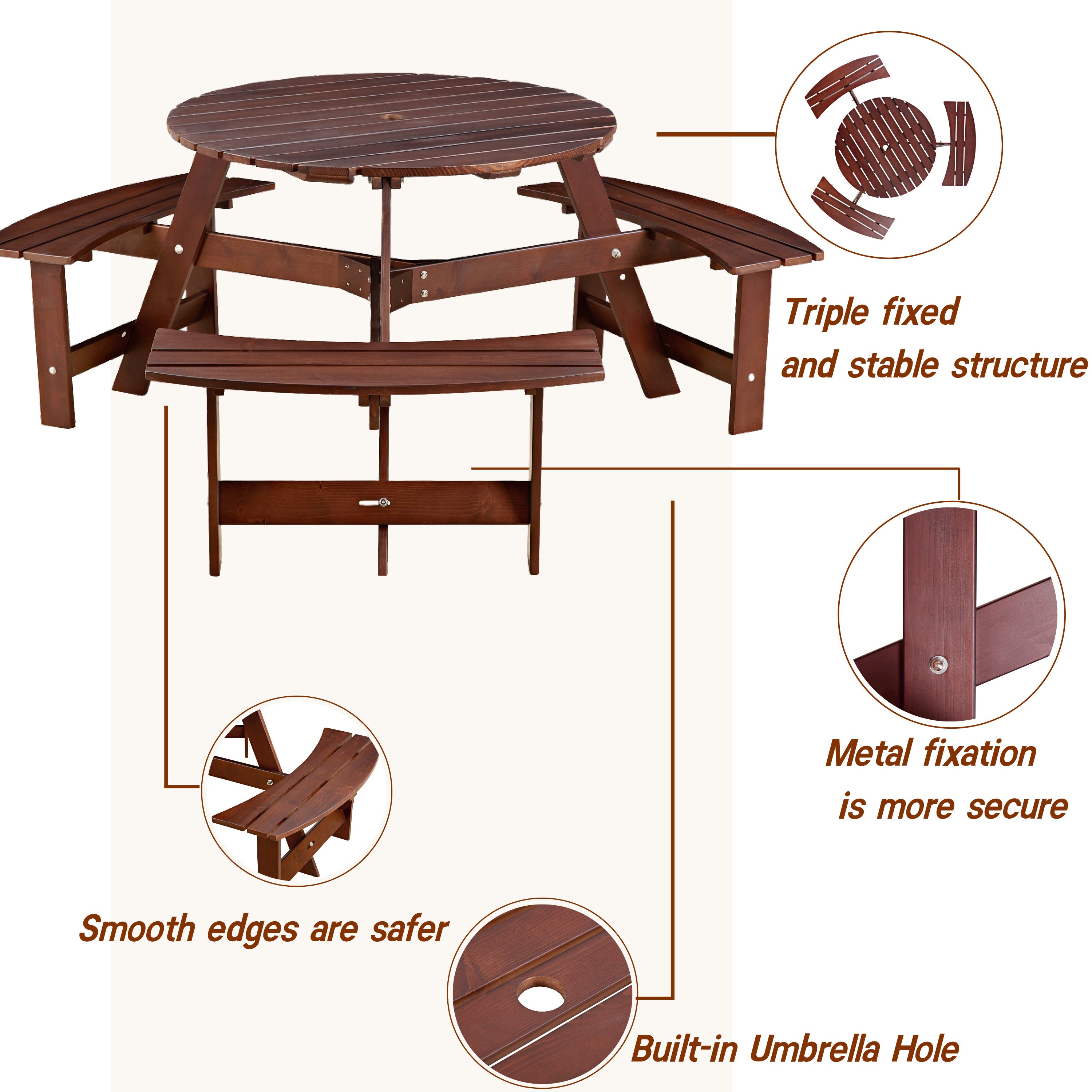 Outdoor 6 Person Picnic Table, 6 person Round Picnic Table with 3 Built-in Benches, Umbrella Hole, Outside Table and Bench Set for Garden, Backyard, Porch, Patio, Brown